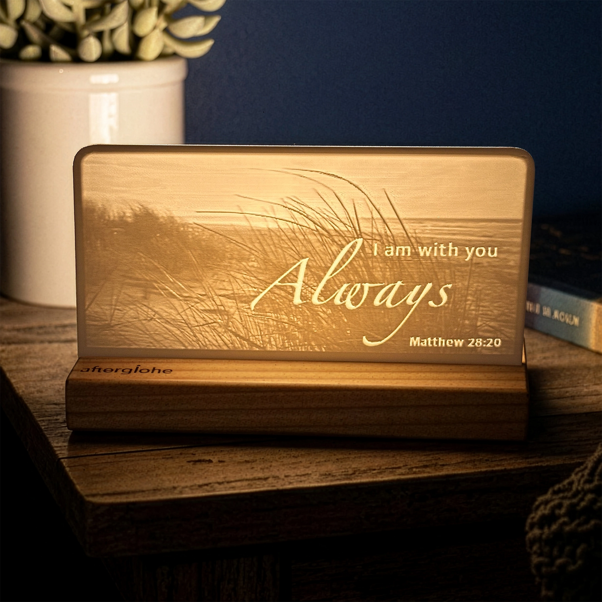 StoryLine-Mini lithophane photo display lit with Warm LED featuring a beach scene and encouraging Bible verse