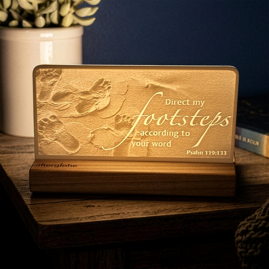 StoryLine-Mini lithophane photo display lit with Warm LED featuring a beach scene and encouraging Bible verse