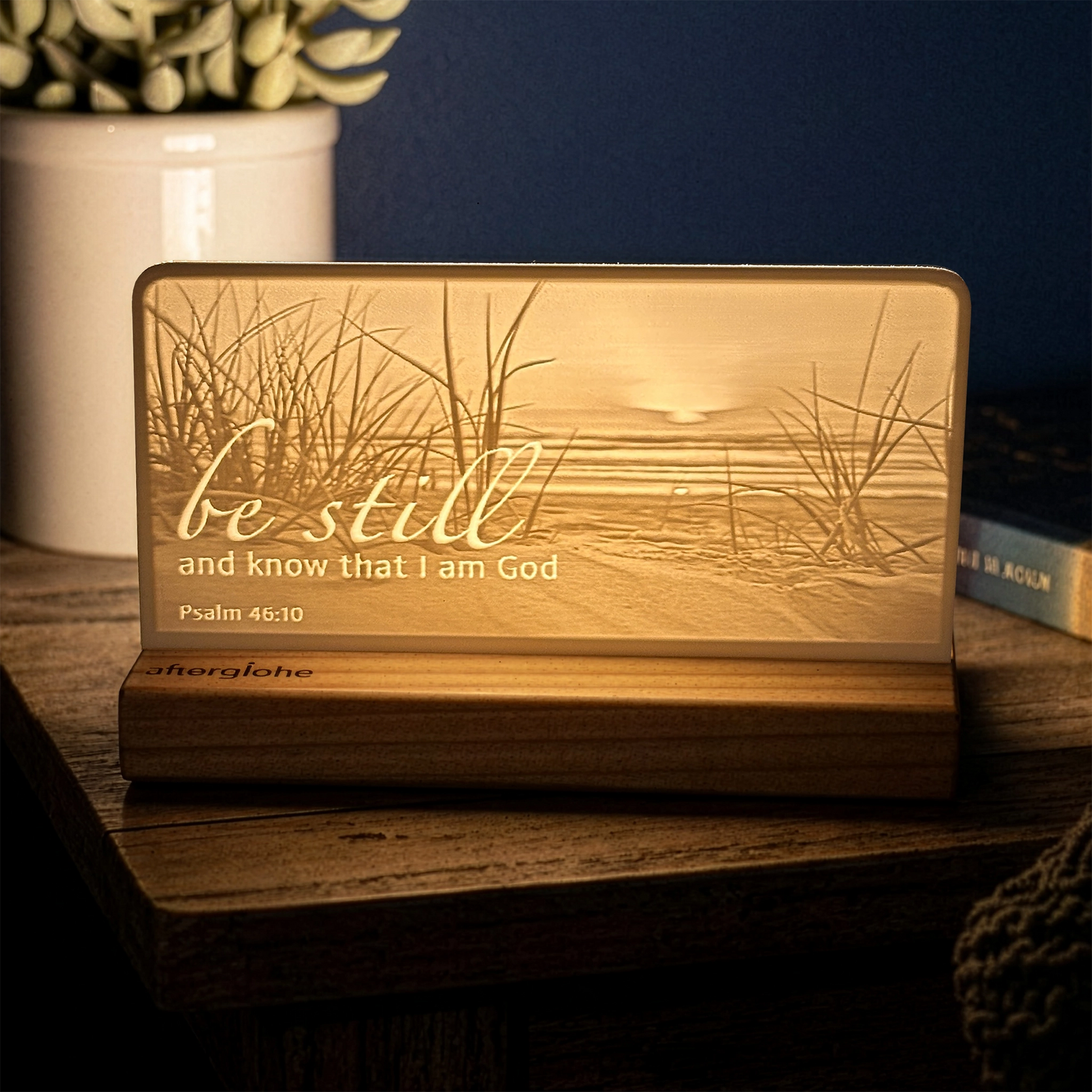 StoryLine-Mini lithophane photo display lit with Warm LED featuring a beach scene and encouraging Bible verse
