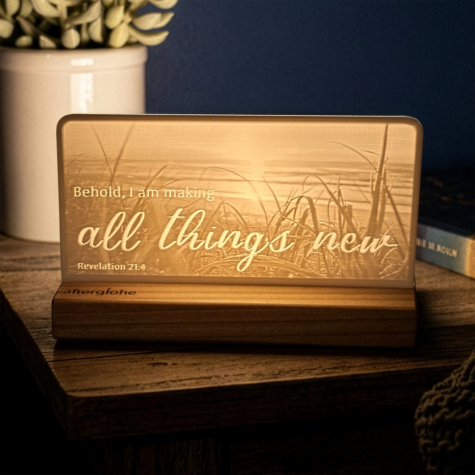 StoryLine-Mini lithophane photo display lit with Warm LED featuring a beach scene and encouraging Bible verse