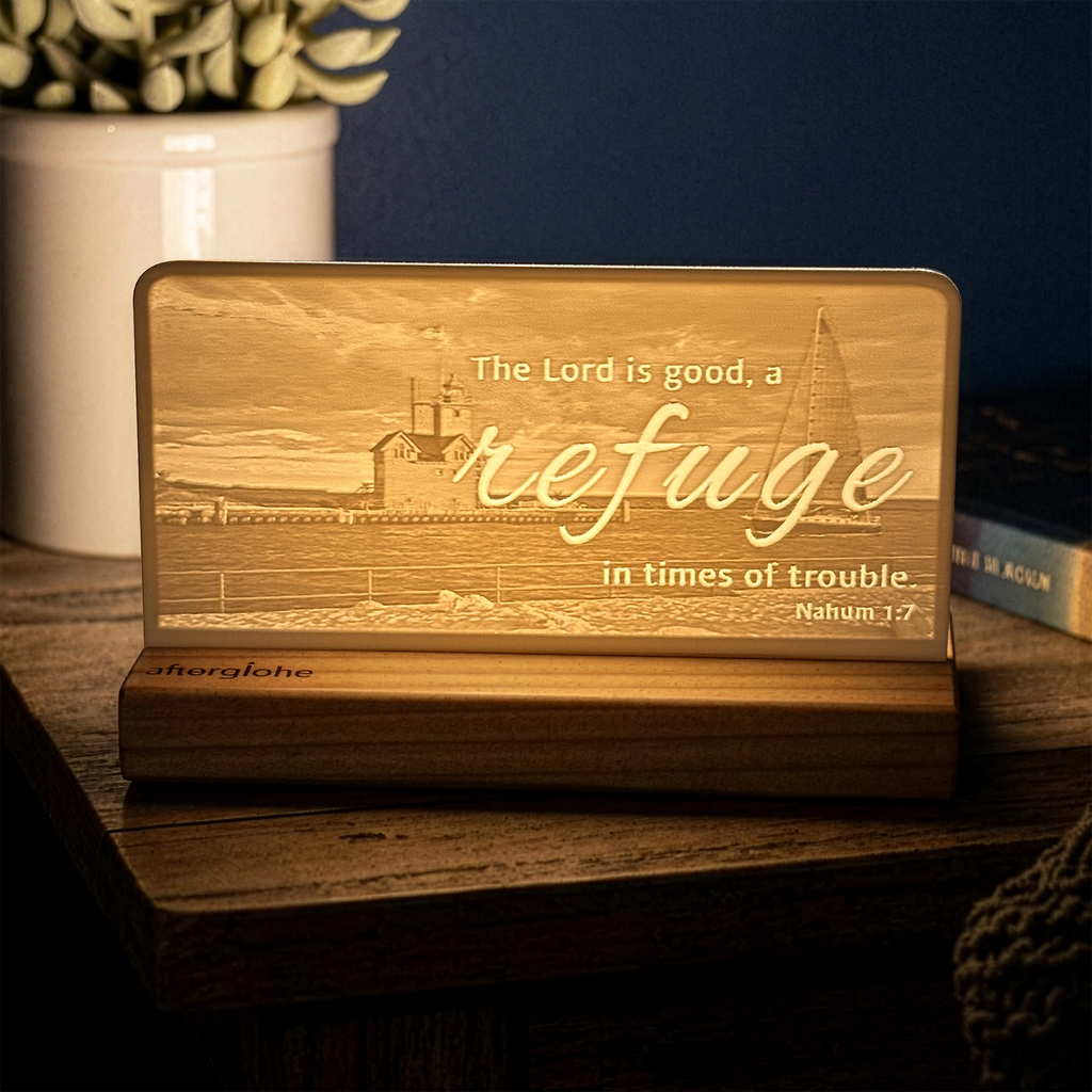 StoryLine-Mini lithophane photo display lit with Warm LED featuring a lighthouse beach scene and encouraging Bible verse