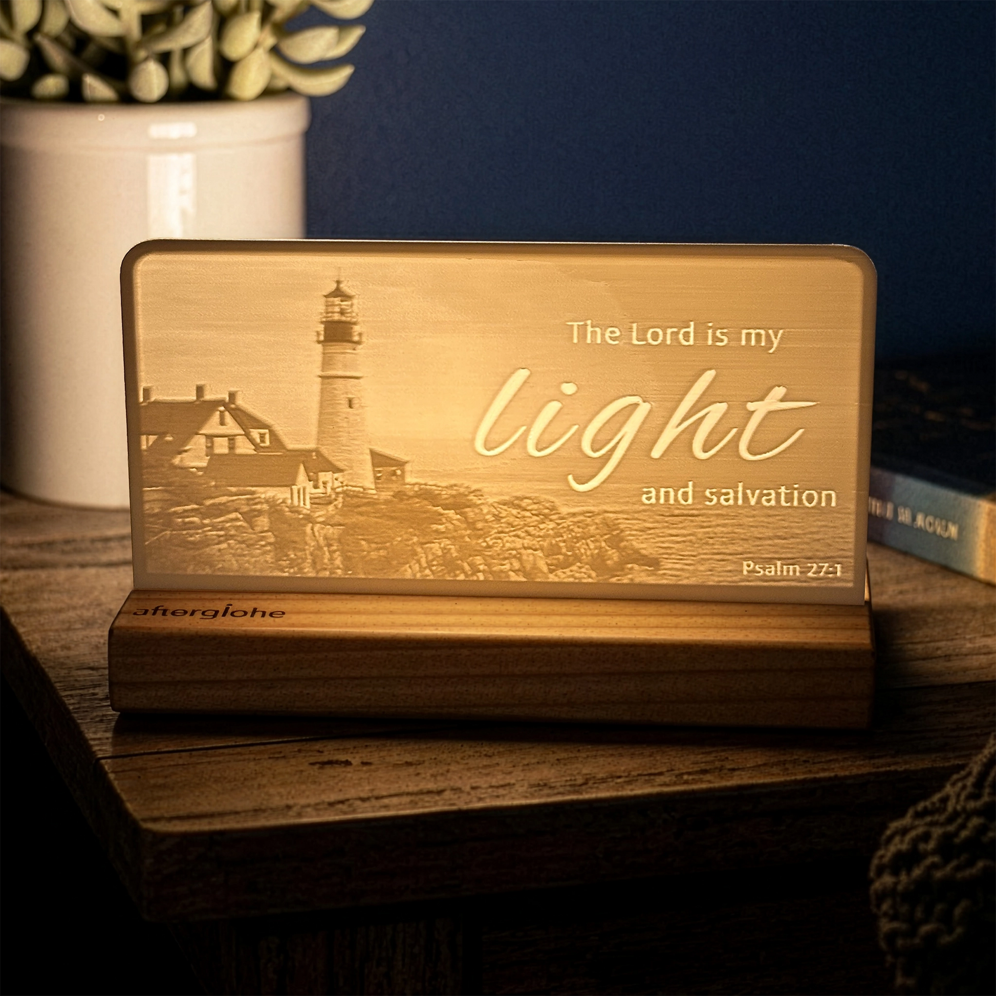 StoryLine-Mini lithophane photo display lit with Warm LED featuring a lighthouse beach scene and encouraging Bible verse
