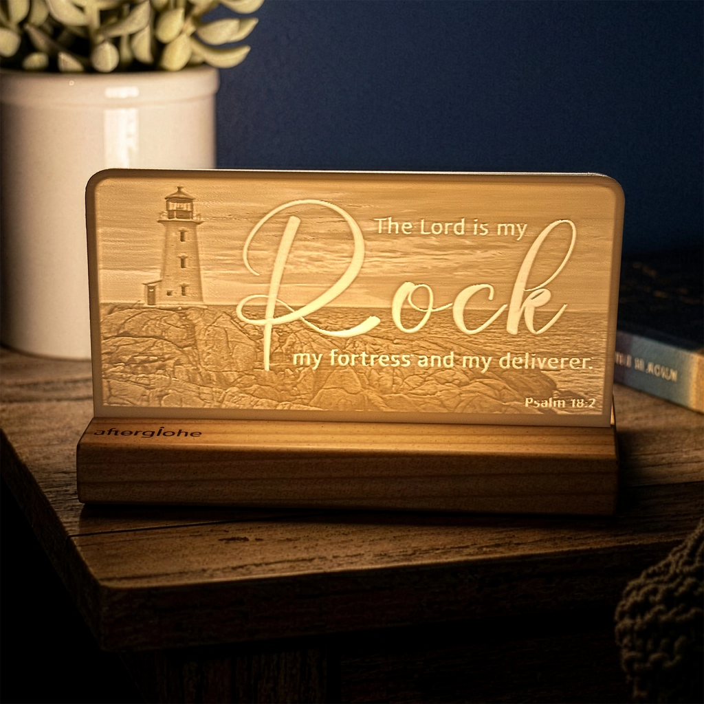 StoryLine-Mini lithophane photo display lit with Warm LED featuring a lighthouse beach scene and encouraging Bible verse