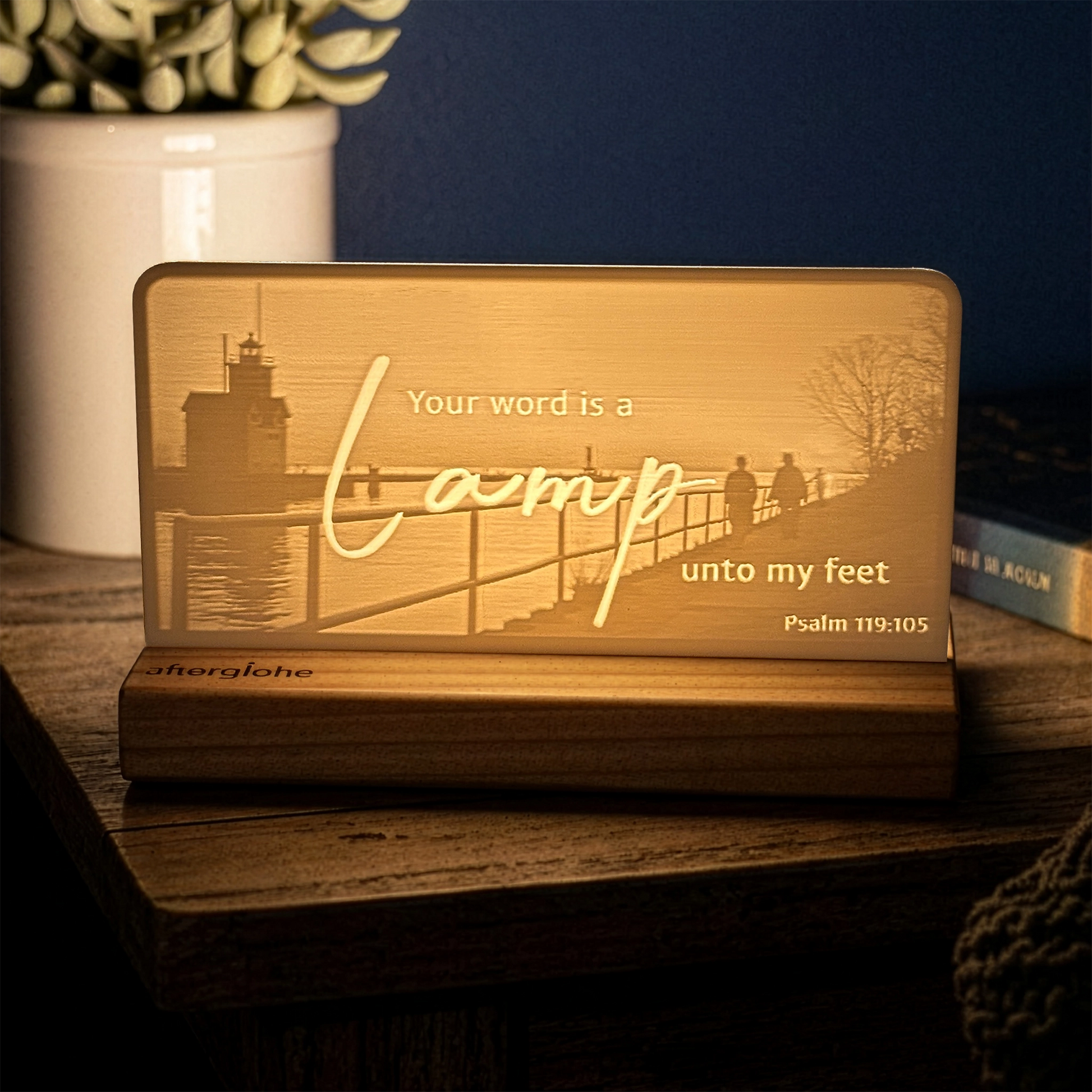 StoryLine-Mini lithophane photo display lit with Warm LED featuring a lighthouse beach scene and encouraging Bible verse