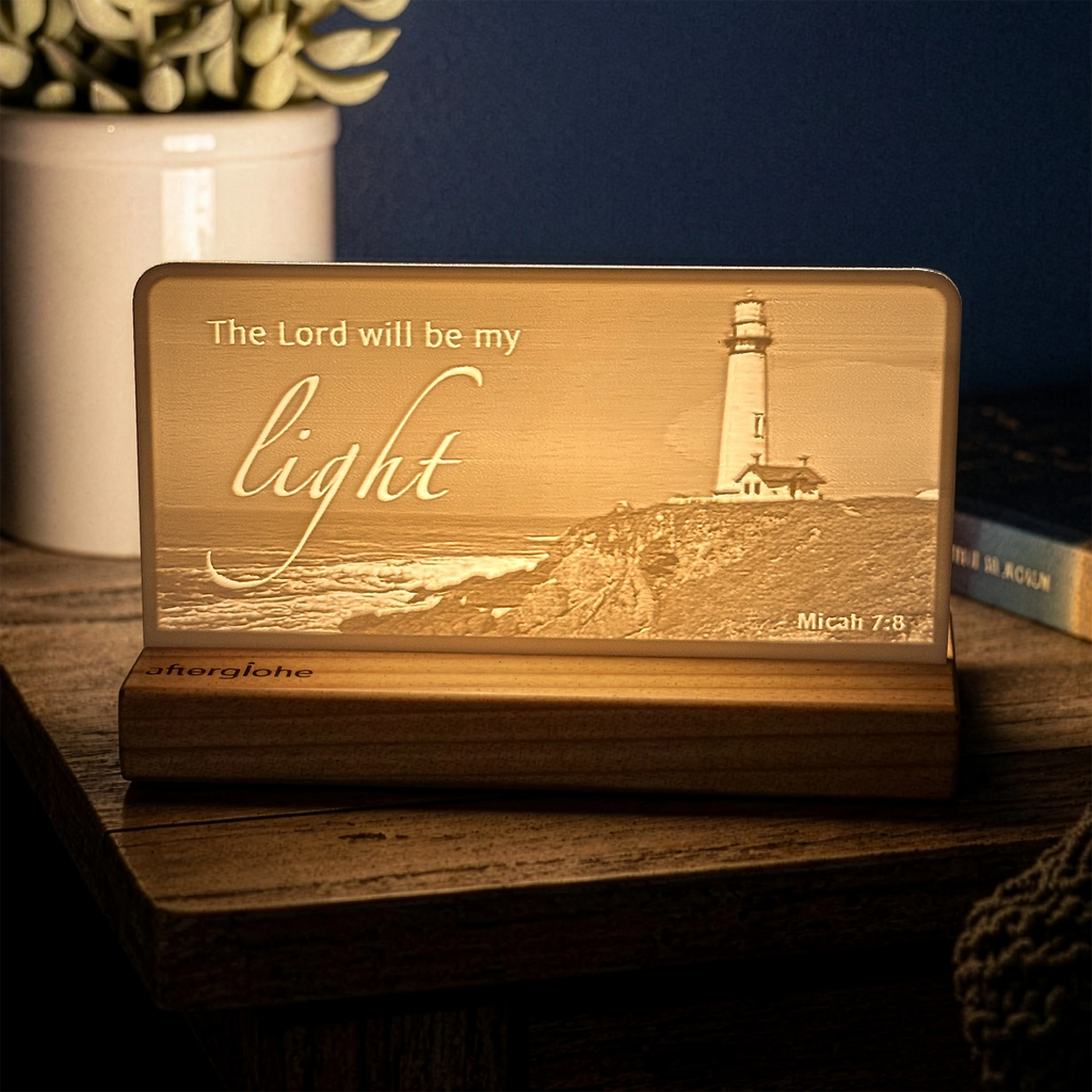 StoryLine-Mini lithophane photo display lit with Warm LED featuring a lighthouse beach scene and encouraging Bible verse