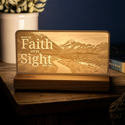 StoryLine-Mini lithophane photo display lit with Warm LED featuring a mountain scene and encouraging Bible verse