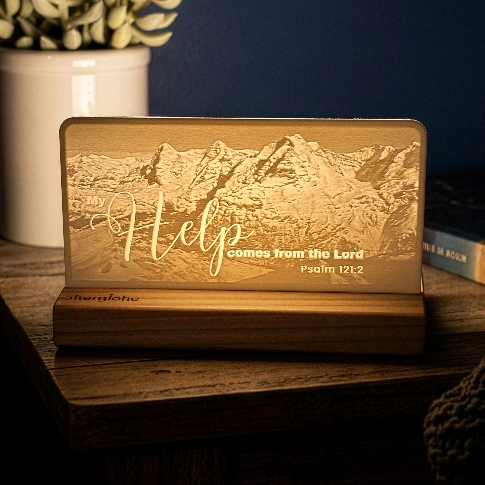 StoryLine-Mini lithophane photo display lit with Warm LED featuring a mountain scene and encouraging Bible verse
