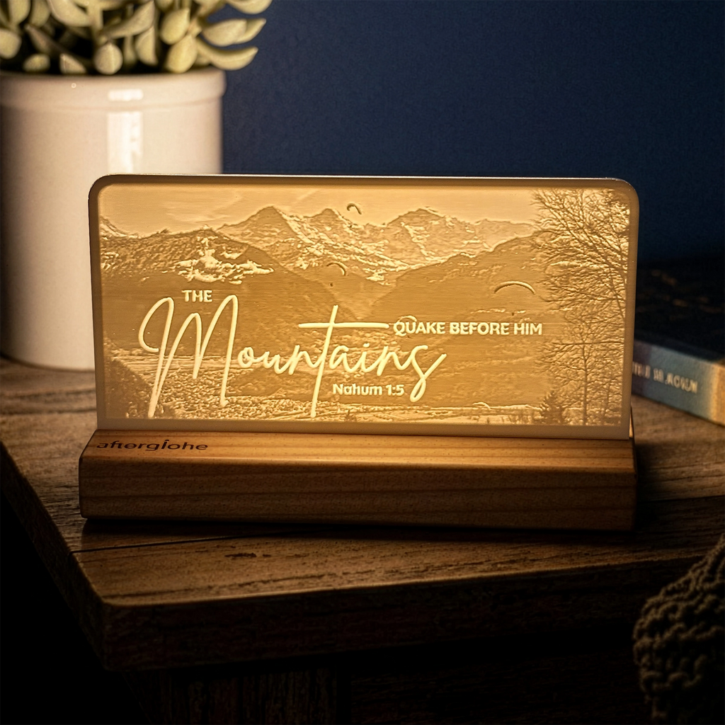StoryLine-Mini lithophane photo display lit with Warm LED featuring a mountain scene and encouraging Bible verse