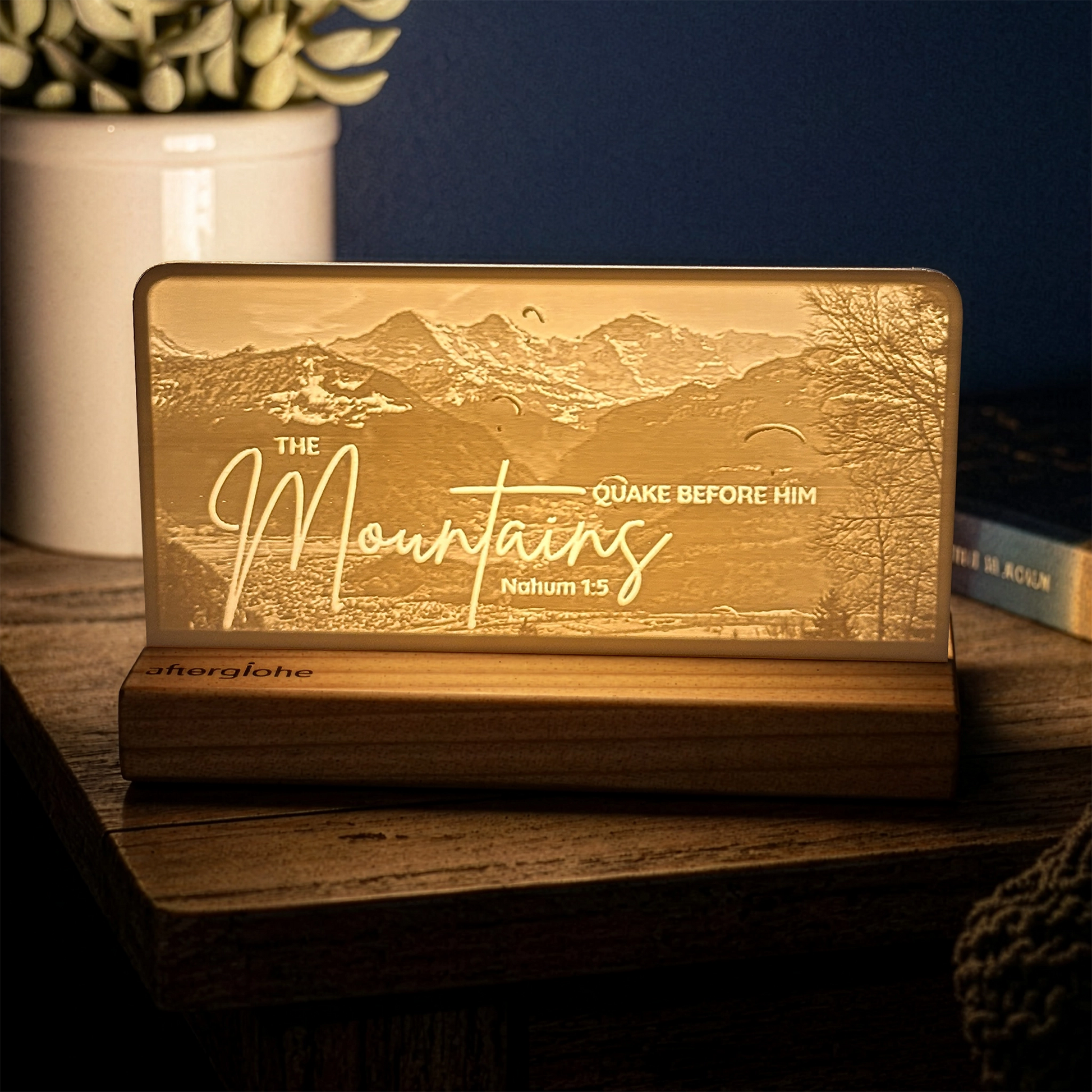 StoryLine-Mini lithophane photo display lit with Warm LED featuring a mountain scene and encouraging Bible verse