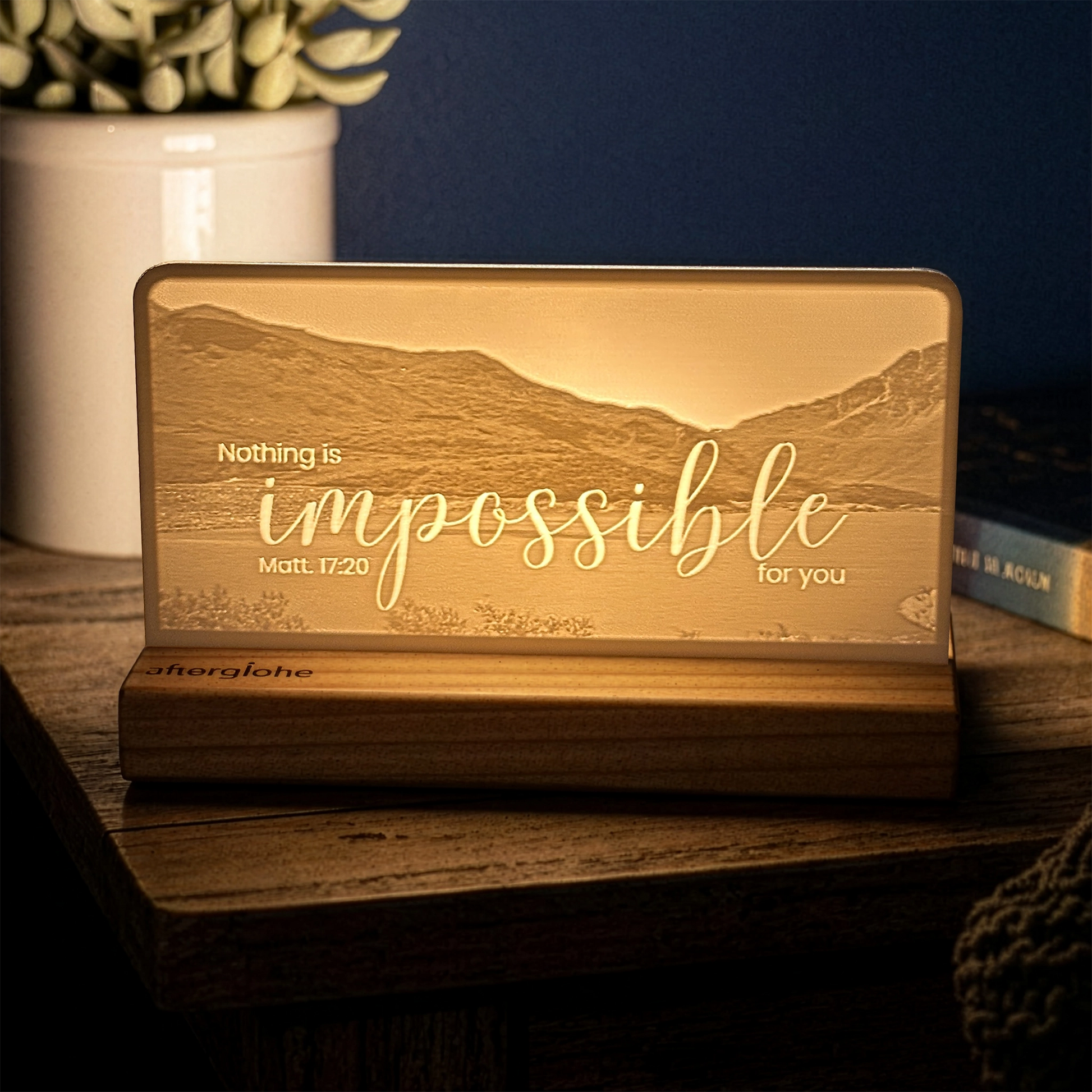 StoryLine-Mini lithophane photo display lit with Warm LED featuring a mountain scene and encouraging Bible verse