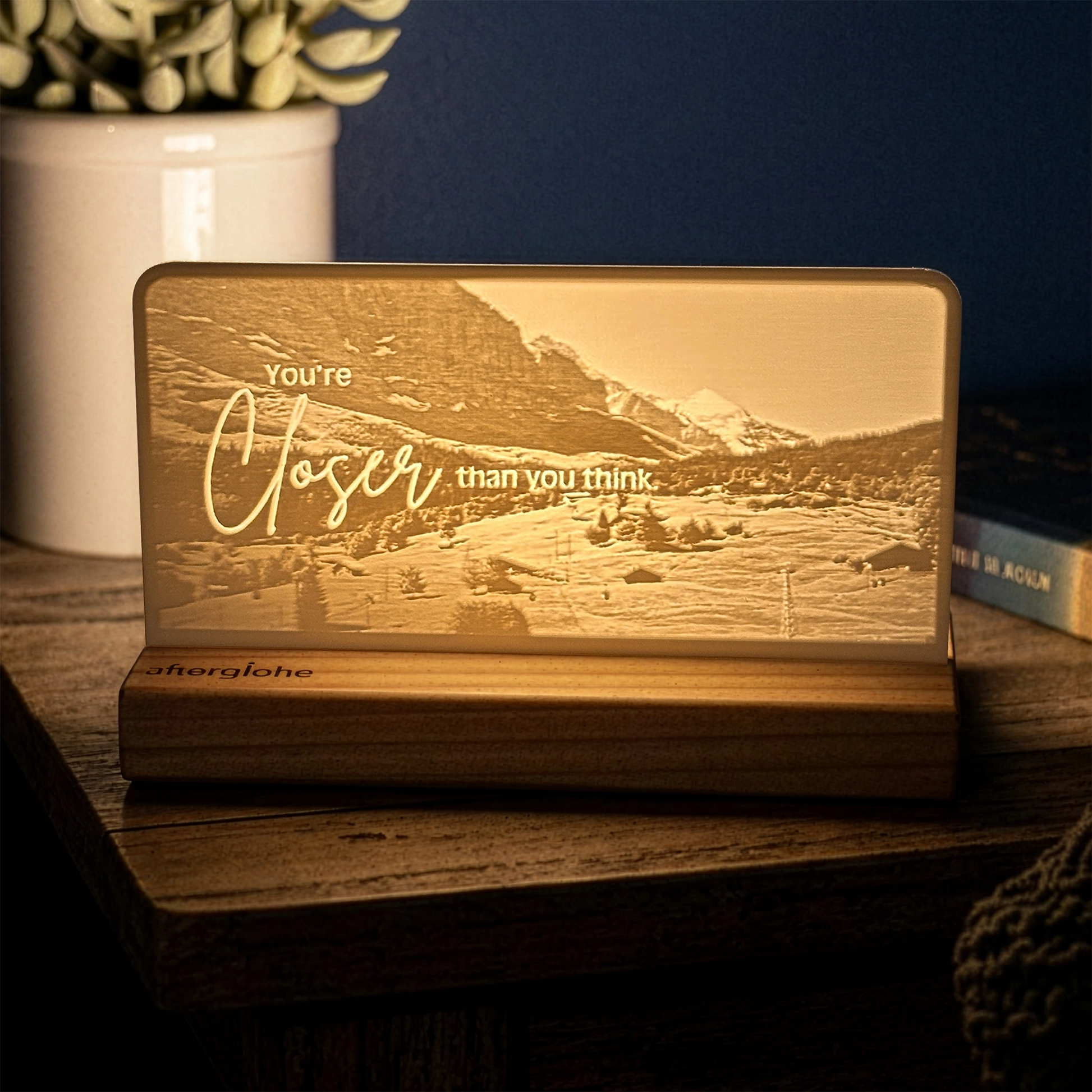 StoryLine-Mini lithophane photo display lit with Warm LED featuring a mountain scene and encouraging saying