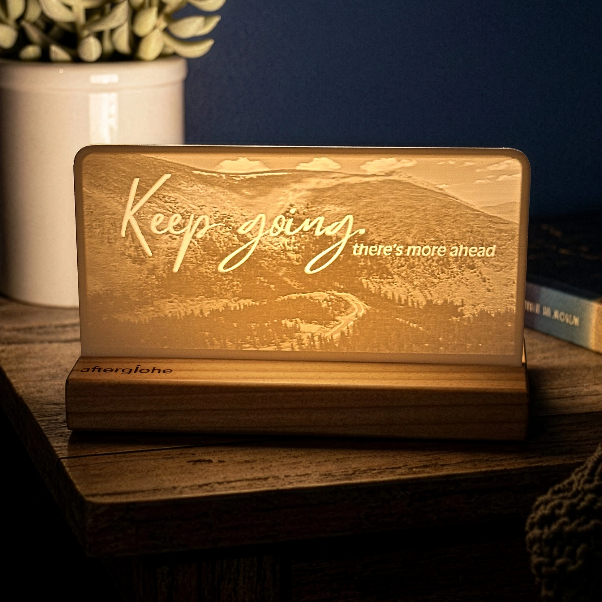 StoryLine-Mini lithophane photo display lit with Warm LED featuring a mountain scene and encouraging saying