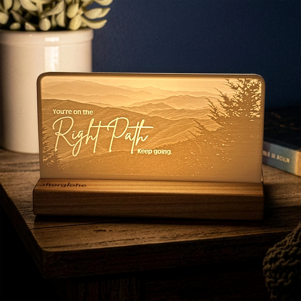 StoryLine-Mini lithophane photo display lit with Warm LED featuring a mountain scene and encouraging saying