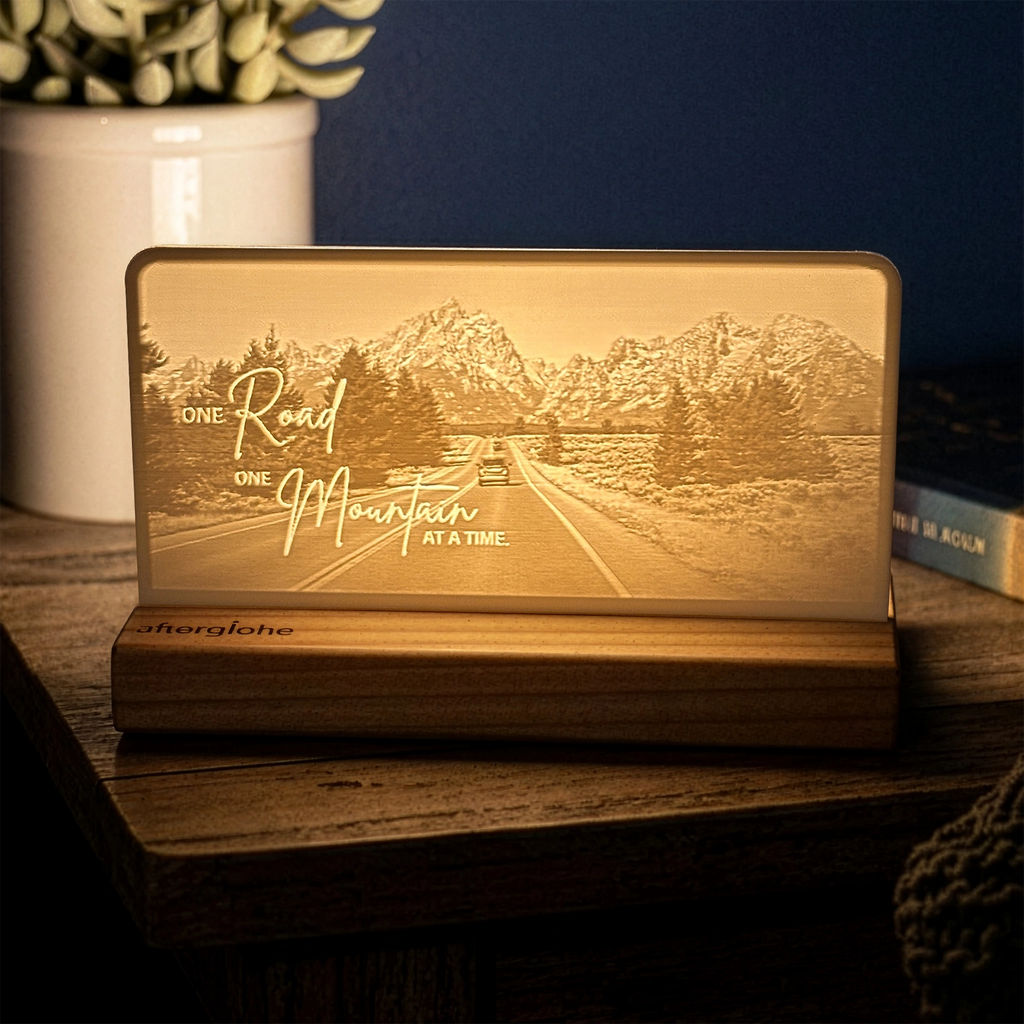 StoryLine-Mini lithophane photo display lit with Warm LED featuring a mountain scene and encouraging saying