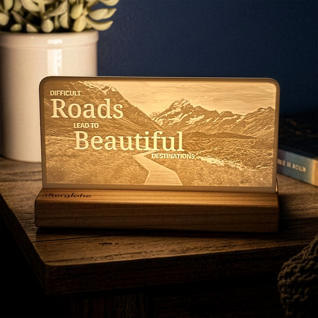 StoryLine-Mini lithophane photo display lit with Warm LED featuring a mountain scene and encouraging saying