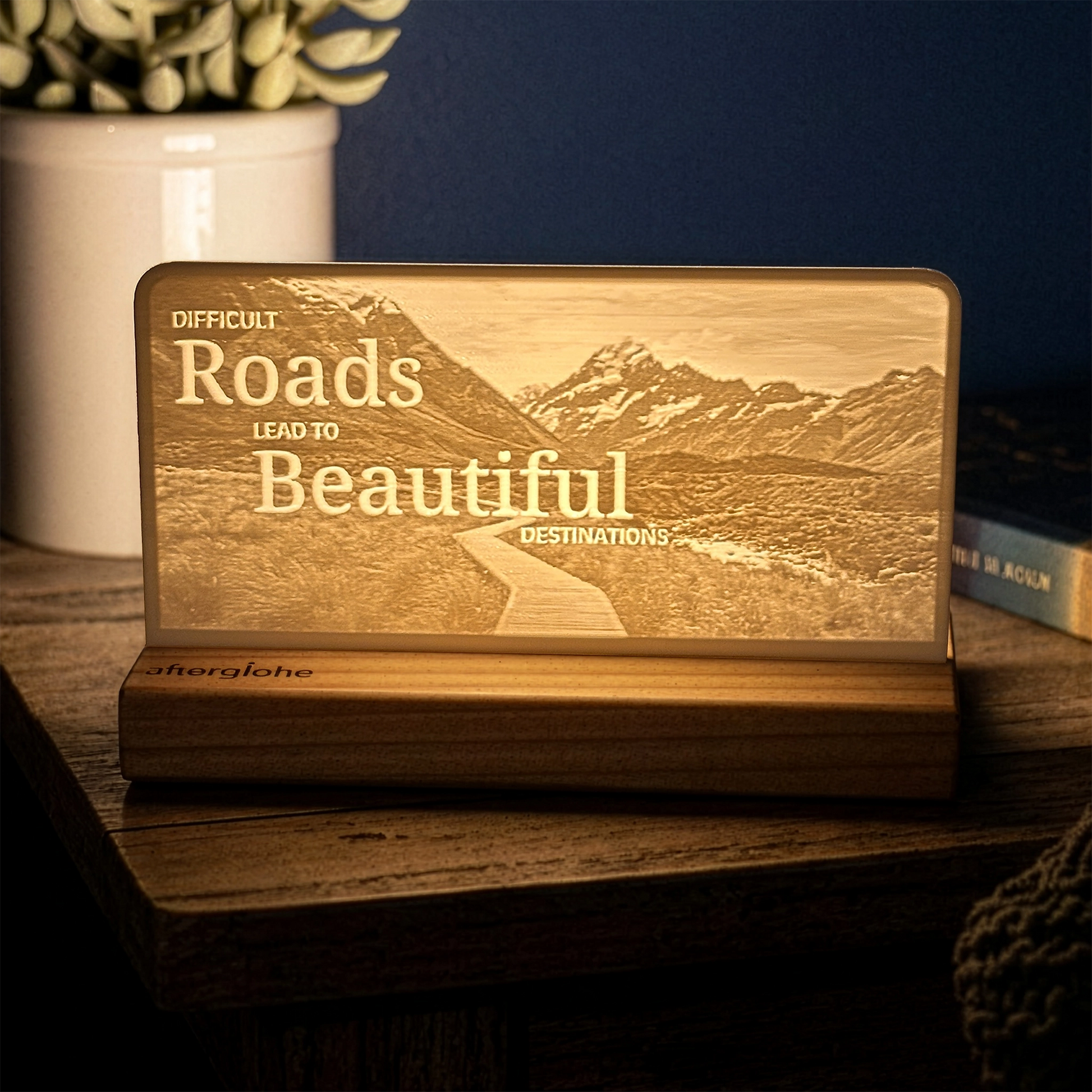 StoryLine-Mini lithophane photo display lit with Warm LED featuring a mountain scene and encouraging saying