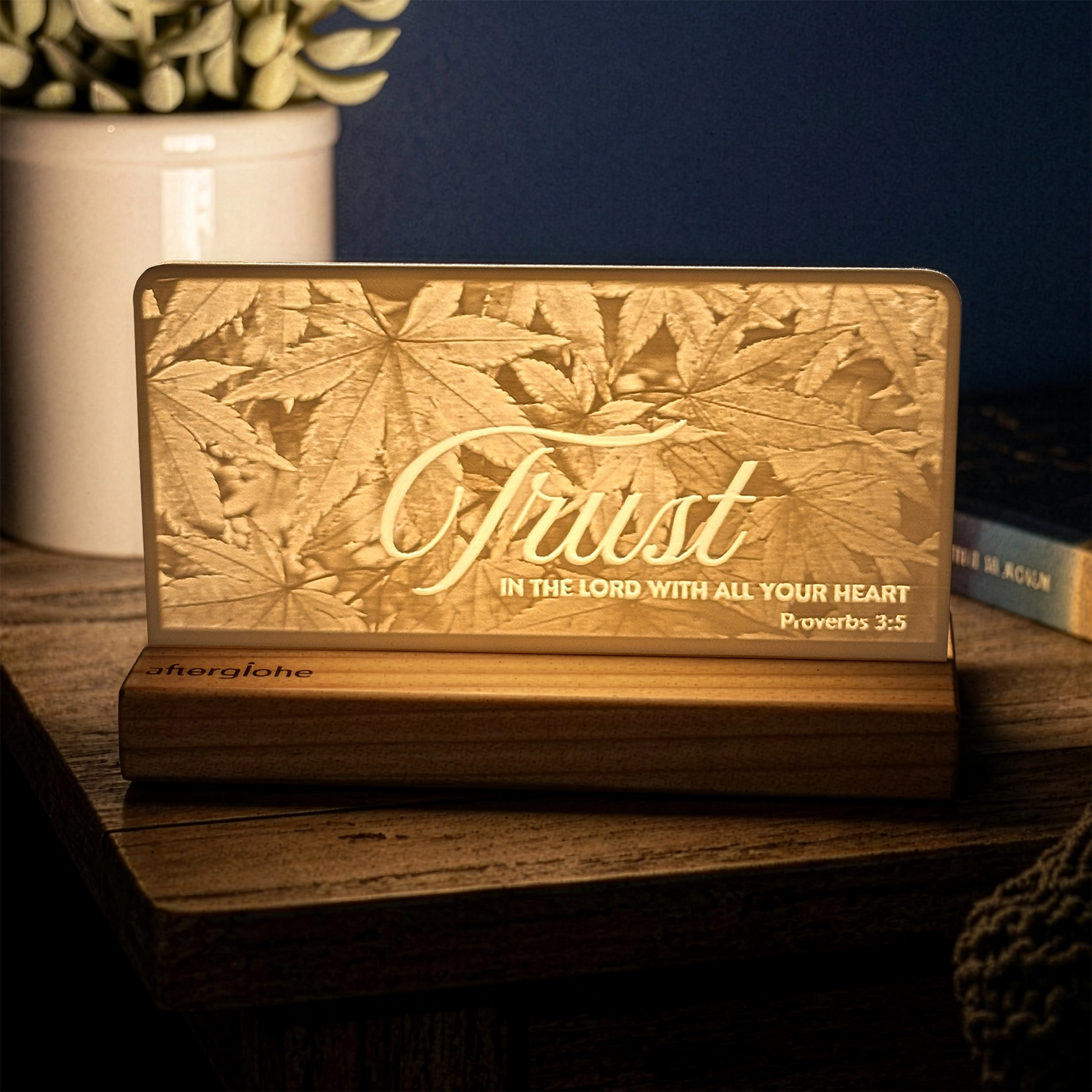 StoryLine-Mini lithophane photo display lit with Warm LED featuring a nature scene and encouraging Bible verse
