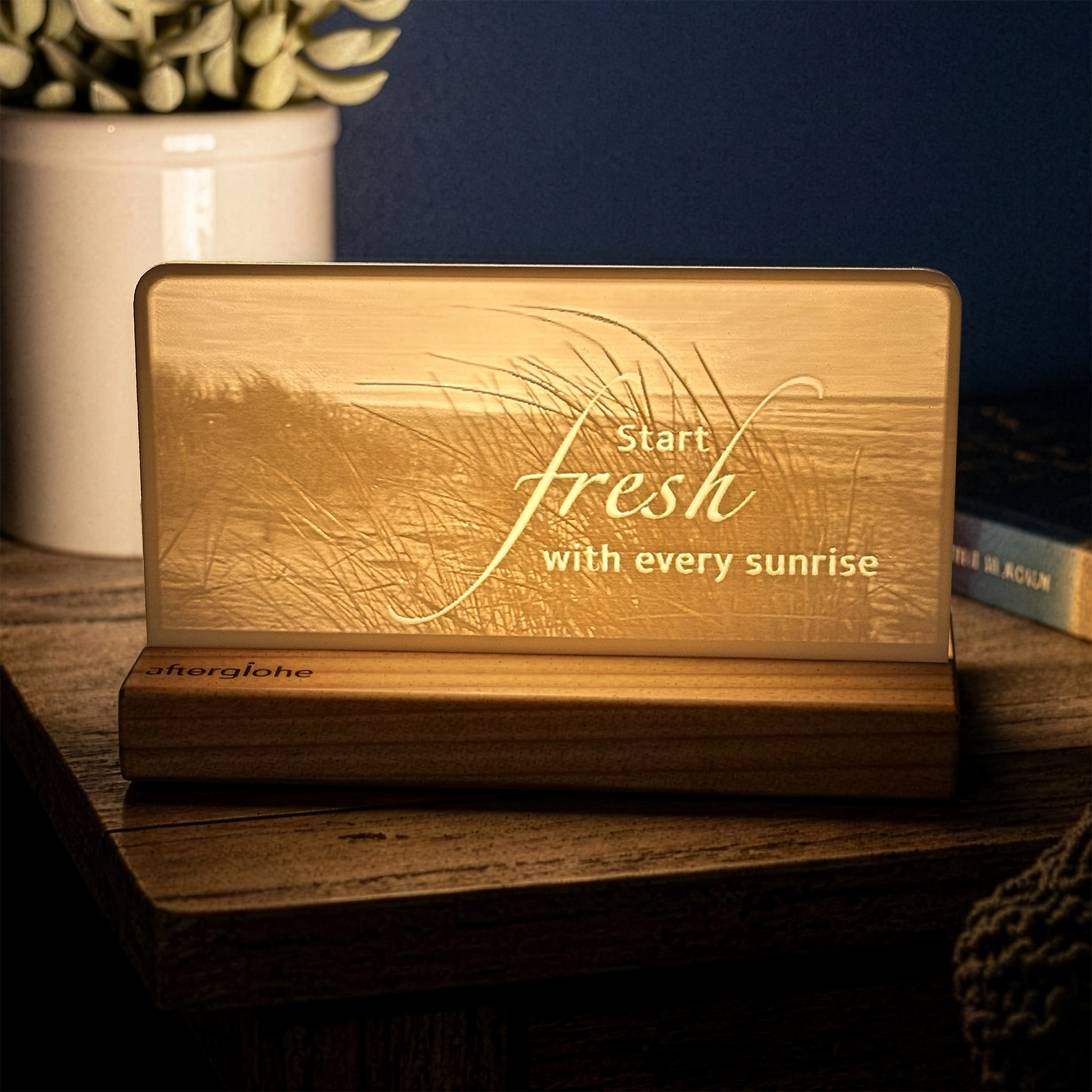 StoryLine-Mini lithophane photo display lit with Warm LED featuring a beach scene and encouraging saying