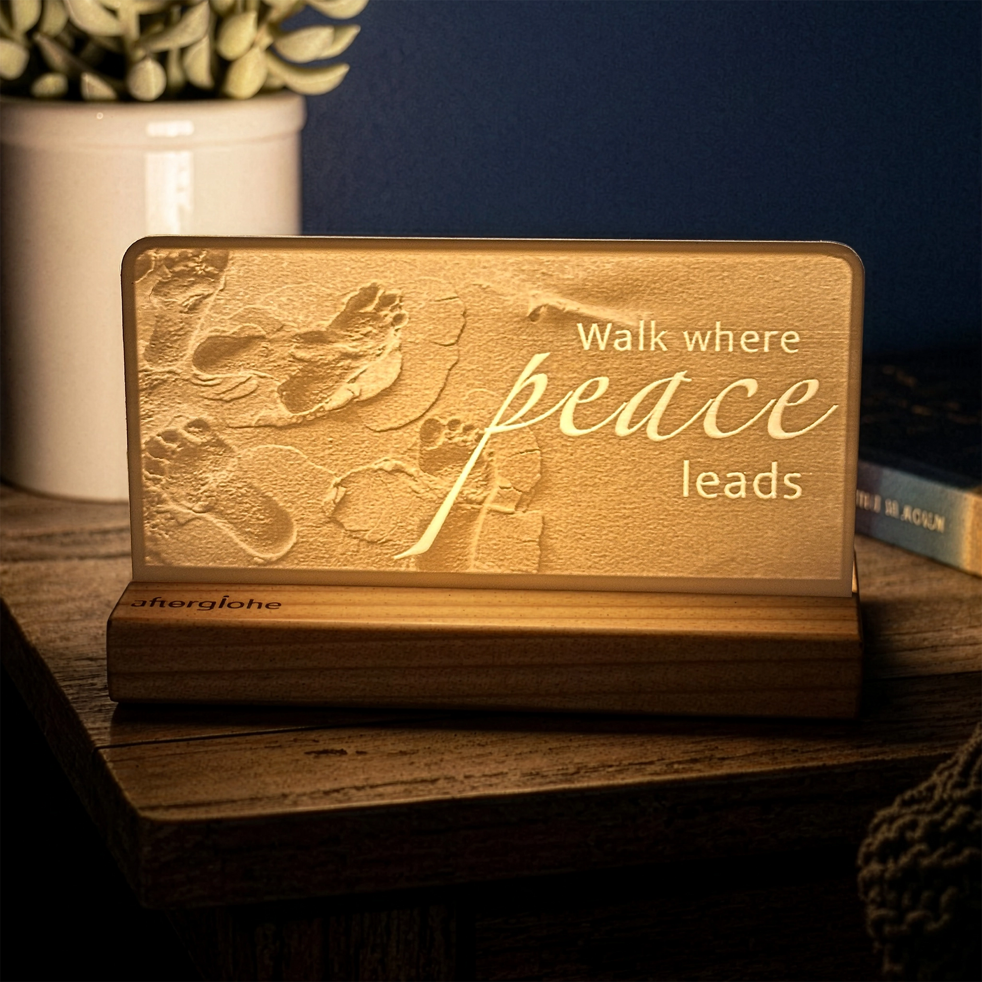 StoryLine-Mini lithophane photo display lit with Warm LED featuring a beach scene and encouraging saying
