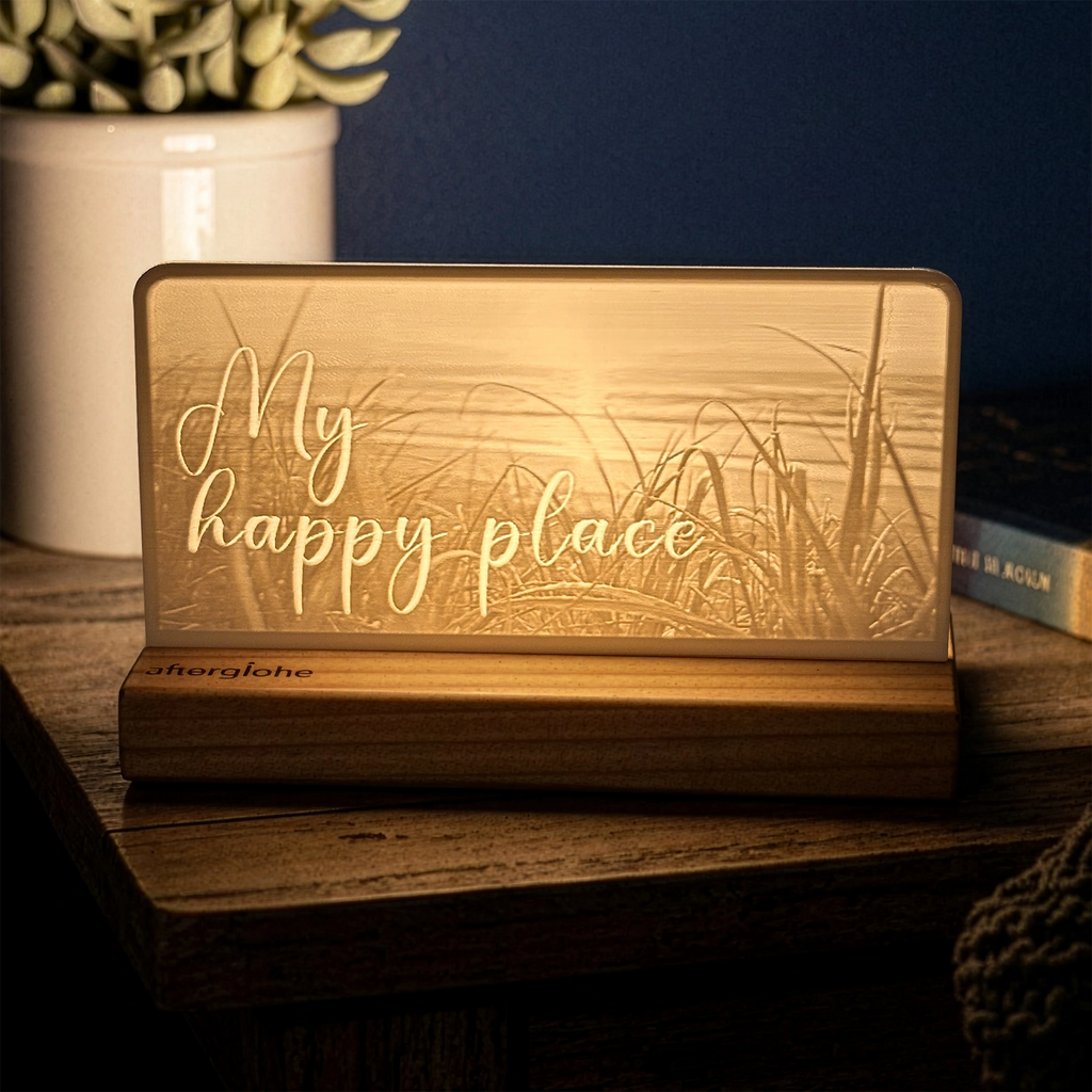 StoryLine-Mini lithophane photo display lit with Warm LED featuring a beach scene and encouraging saying