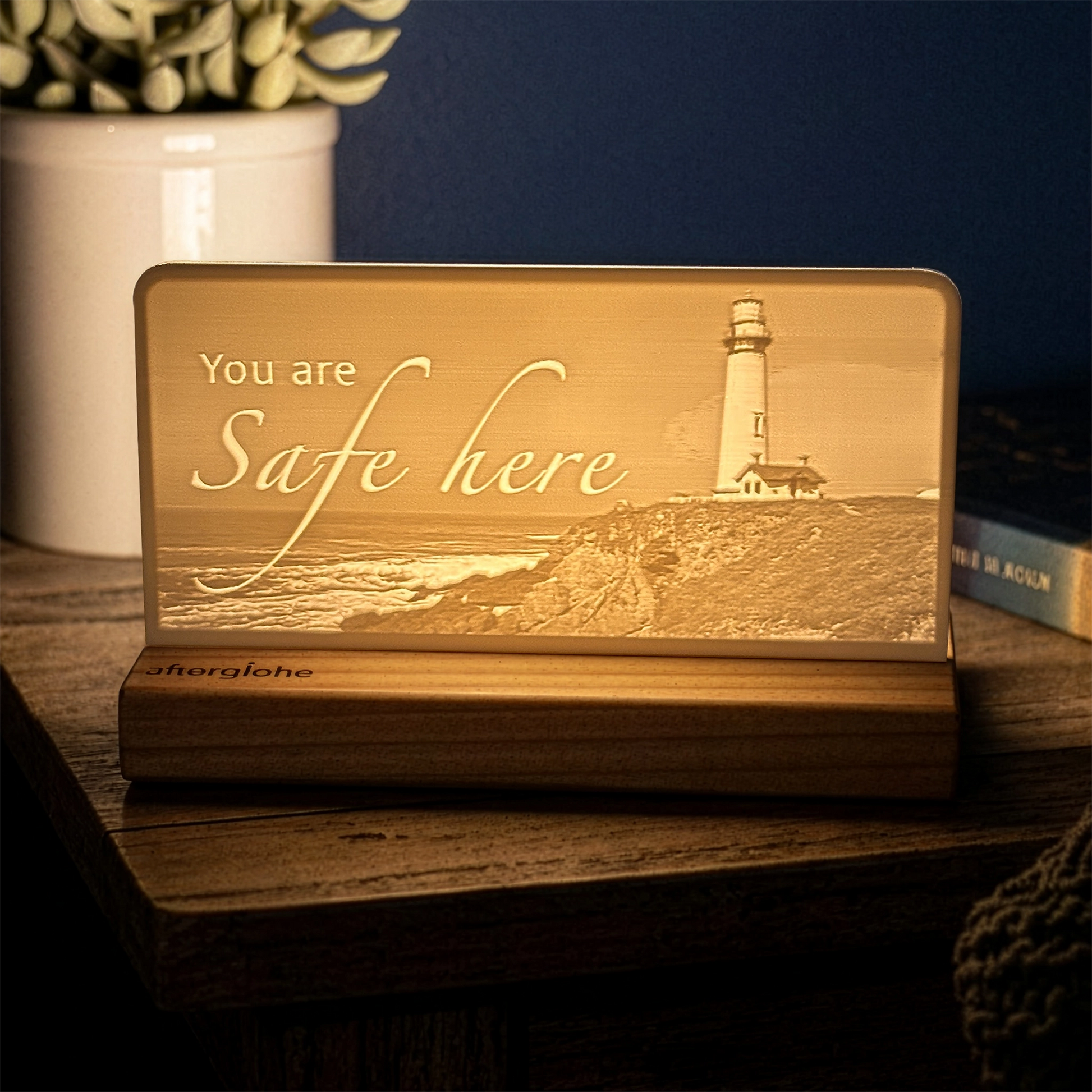StoryLine-Mini lithophane photo display lit with Warm LED featuring a beach lighthouse scene and encouraging saying