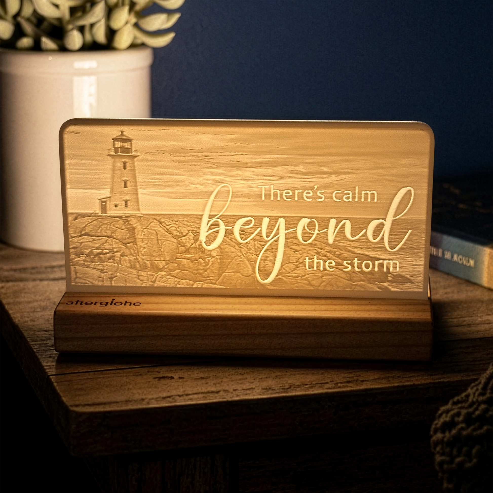 StoryLine-Mini lithophane photo display lit with Warm LED featuring a beach lighthouse scene and encouraging saying