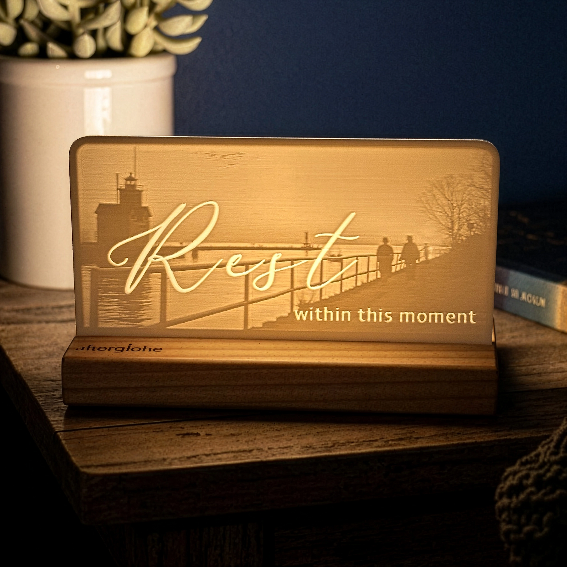 StoryLine-Mini lithophane photo display lit with Warm LED featuring a beach lighthouse scene and encouraging saying