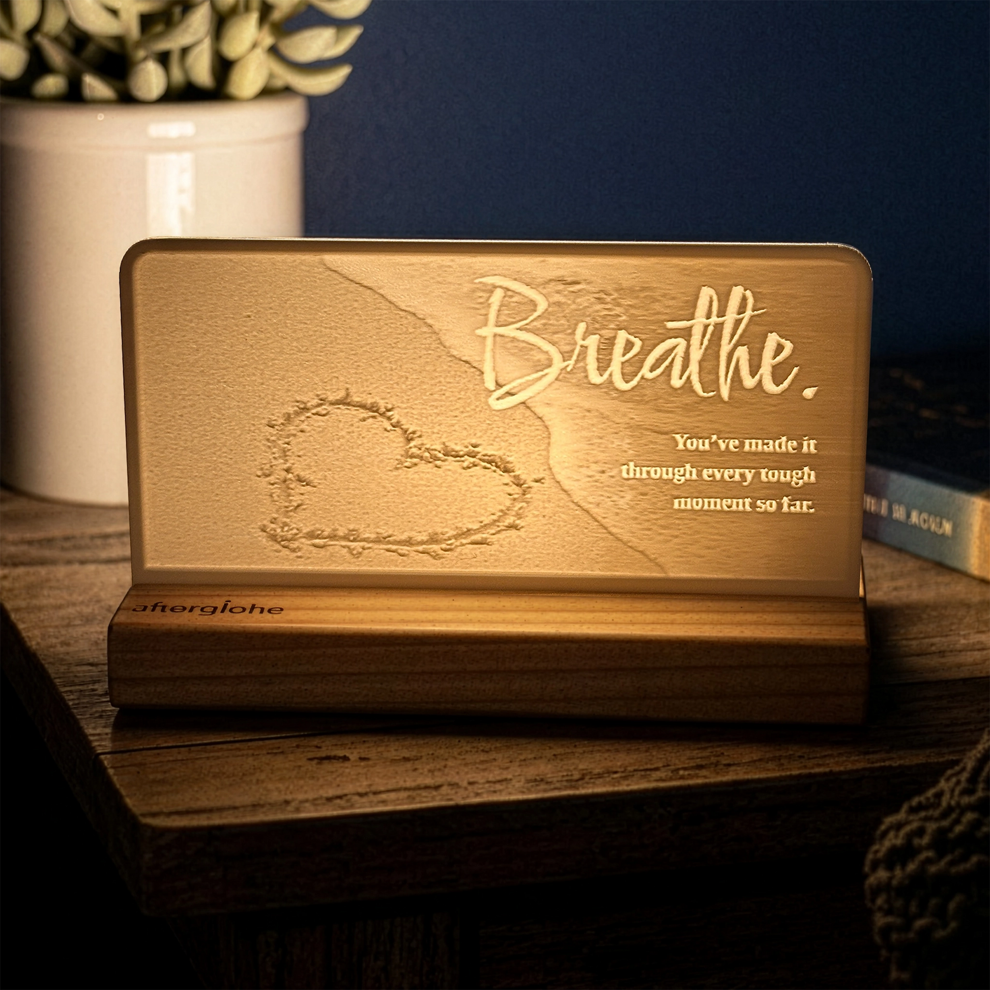 StoryLine-Mini lithophane photo display lit with Warm LED featuring a beach lighthouse scene and encouraging saying