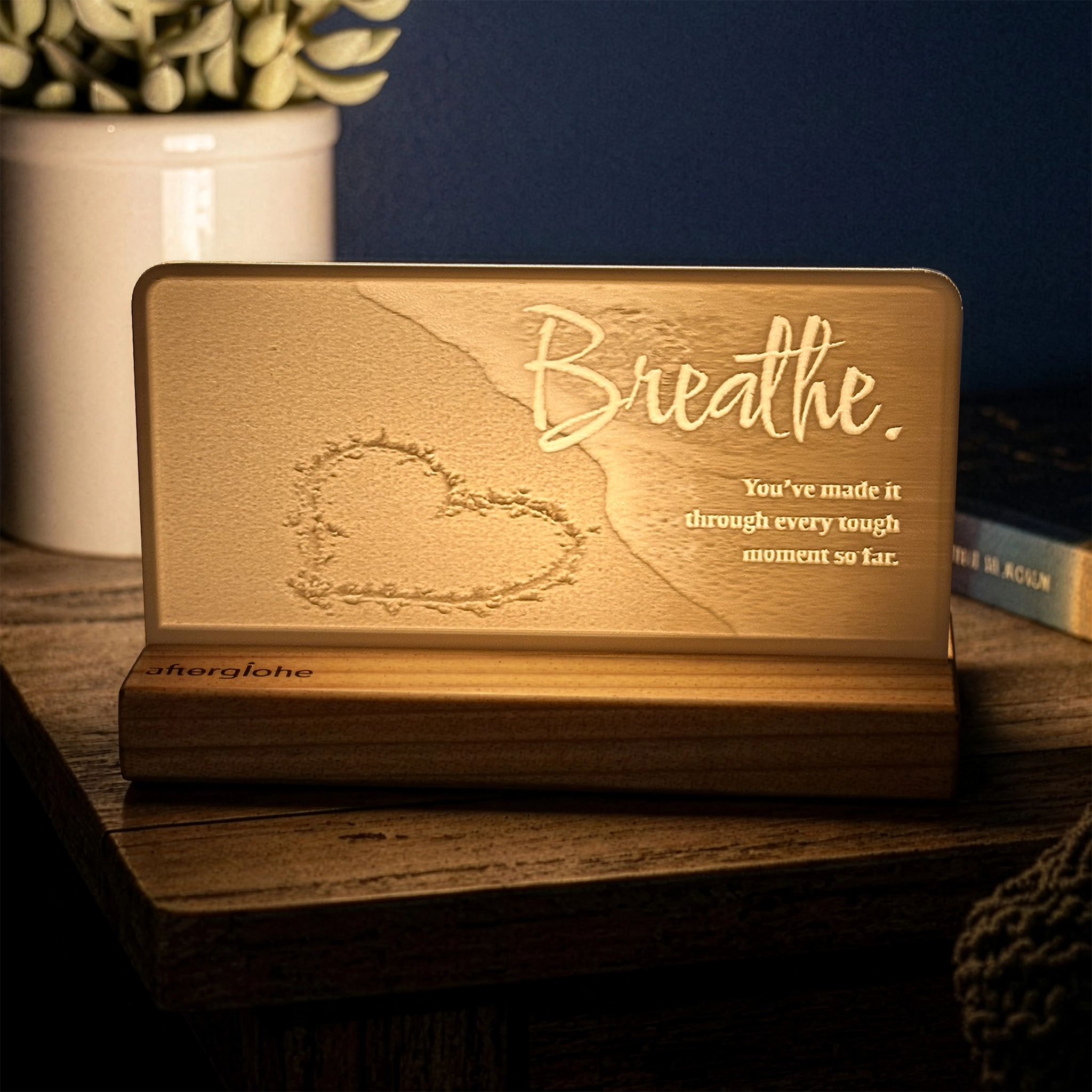 StoryLine-Mini lithophane photo display lit with Warm LED featuring a beach lighthouse scene and encouraging saying