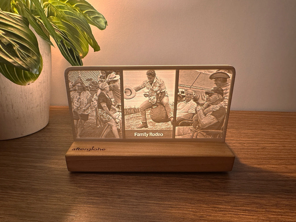 StoryLine-Mini Personalized Photo Display illuminated by an LED showing memories of a family reunion get-together.