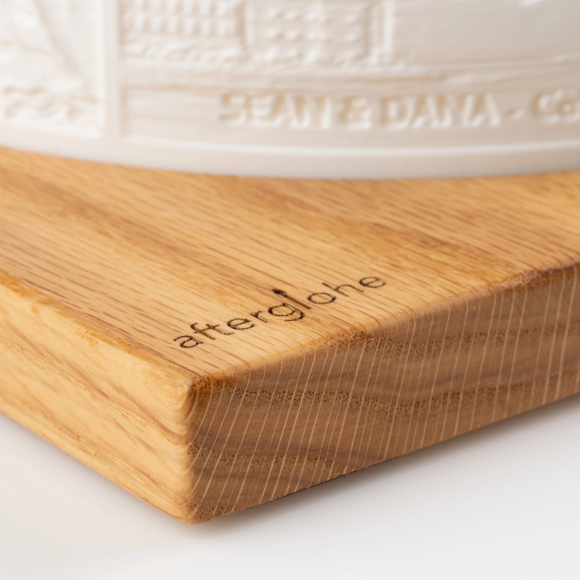 Close up of Halo Grande lithophane photo display on wood base