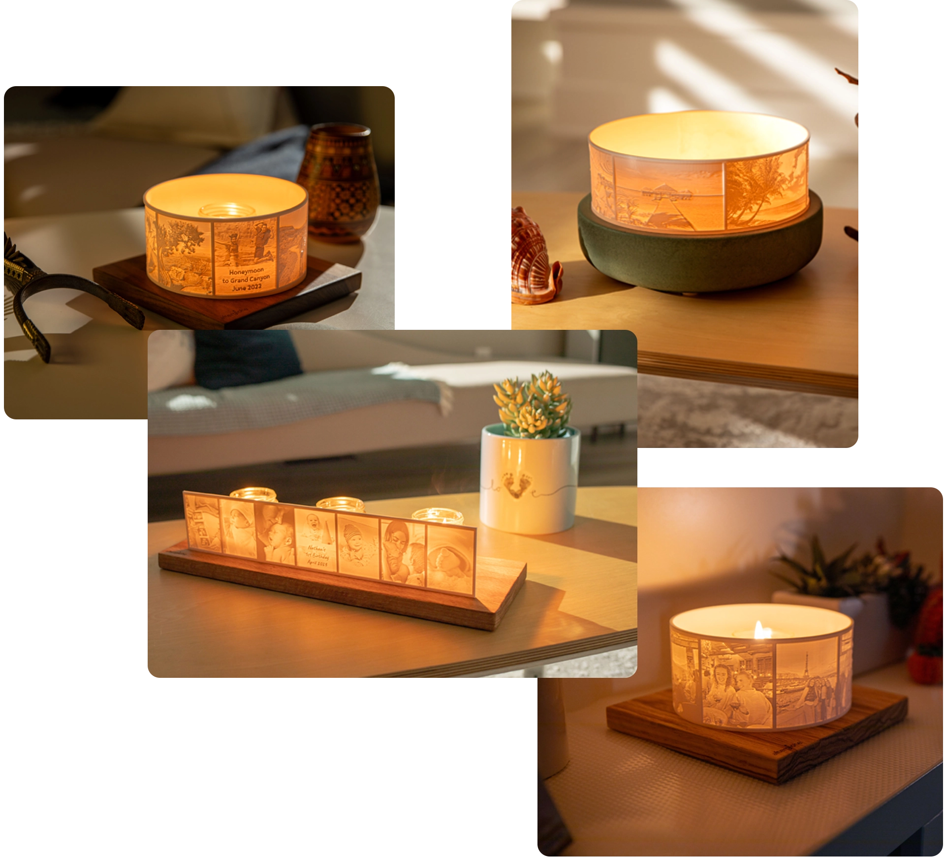Montage photo of afterglohe personalized product line; StoryLine, Halo, Halo Grande