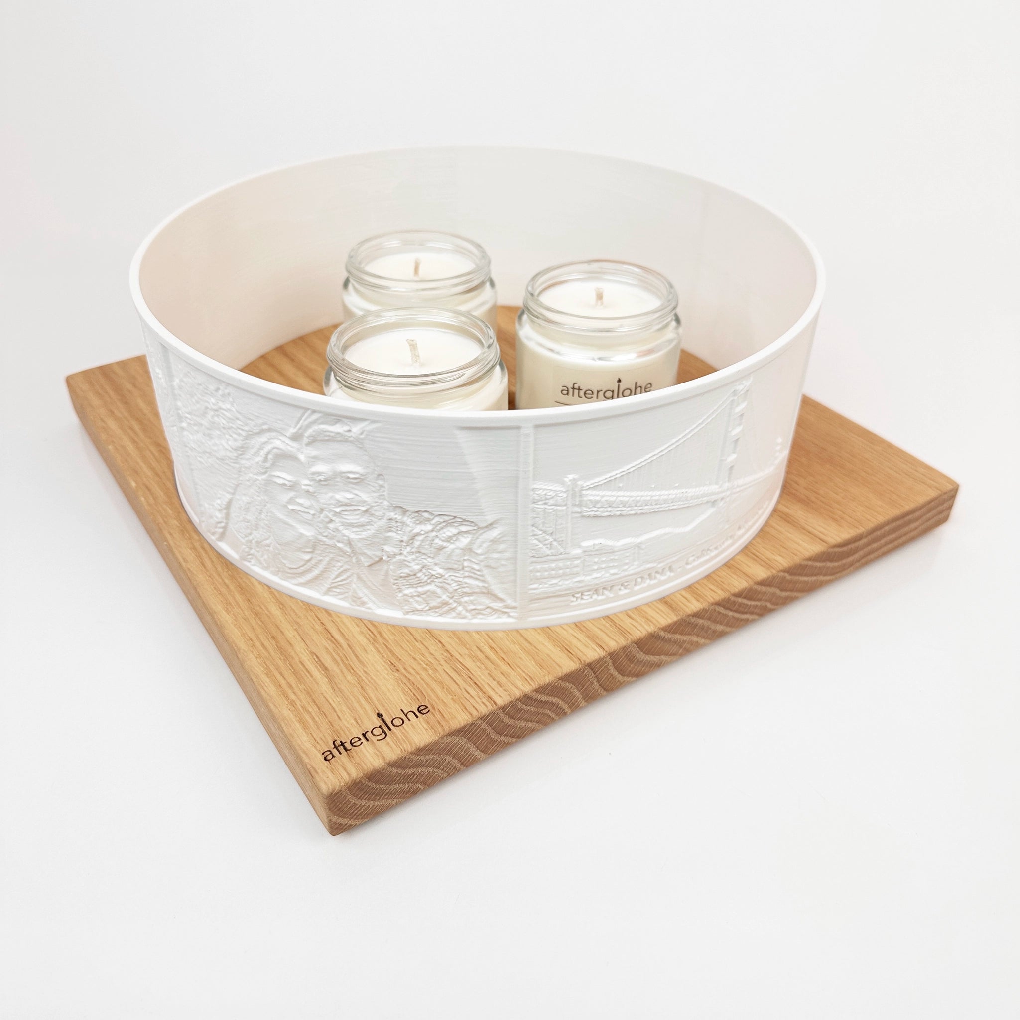 Halo Grande personalized lithophane photo display with hardwood base and three scented candles
