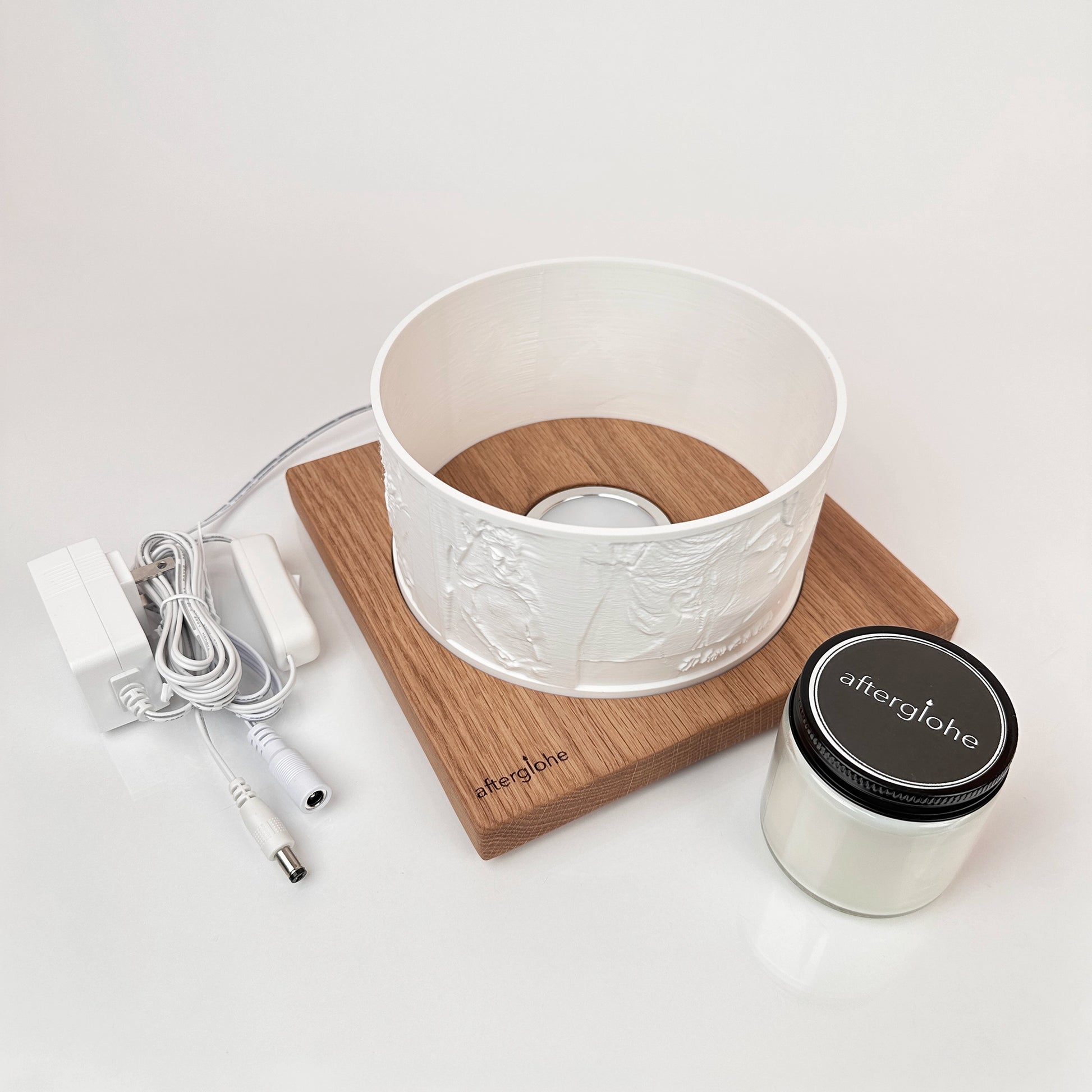 Halo personalized photo display on oak base with optional warm LED and scented candle