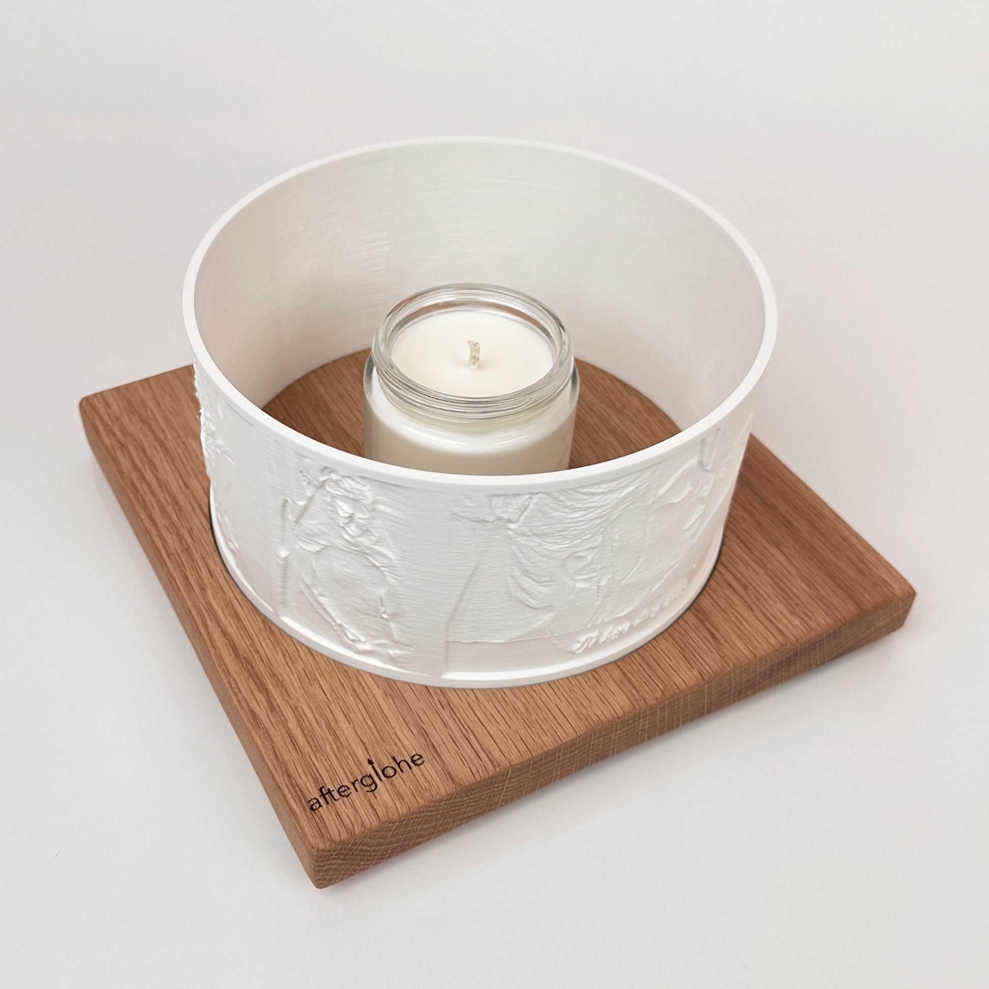 Halo personalized photo display on oak base with scented candle
