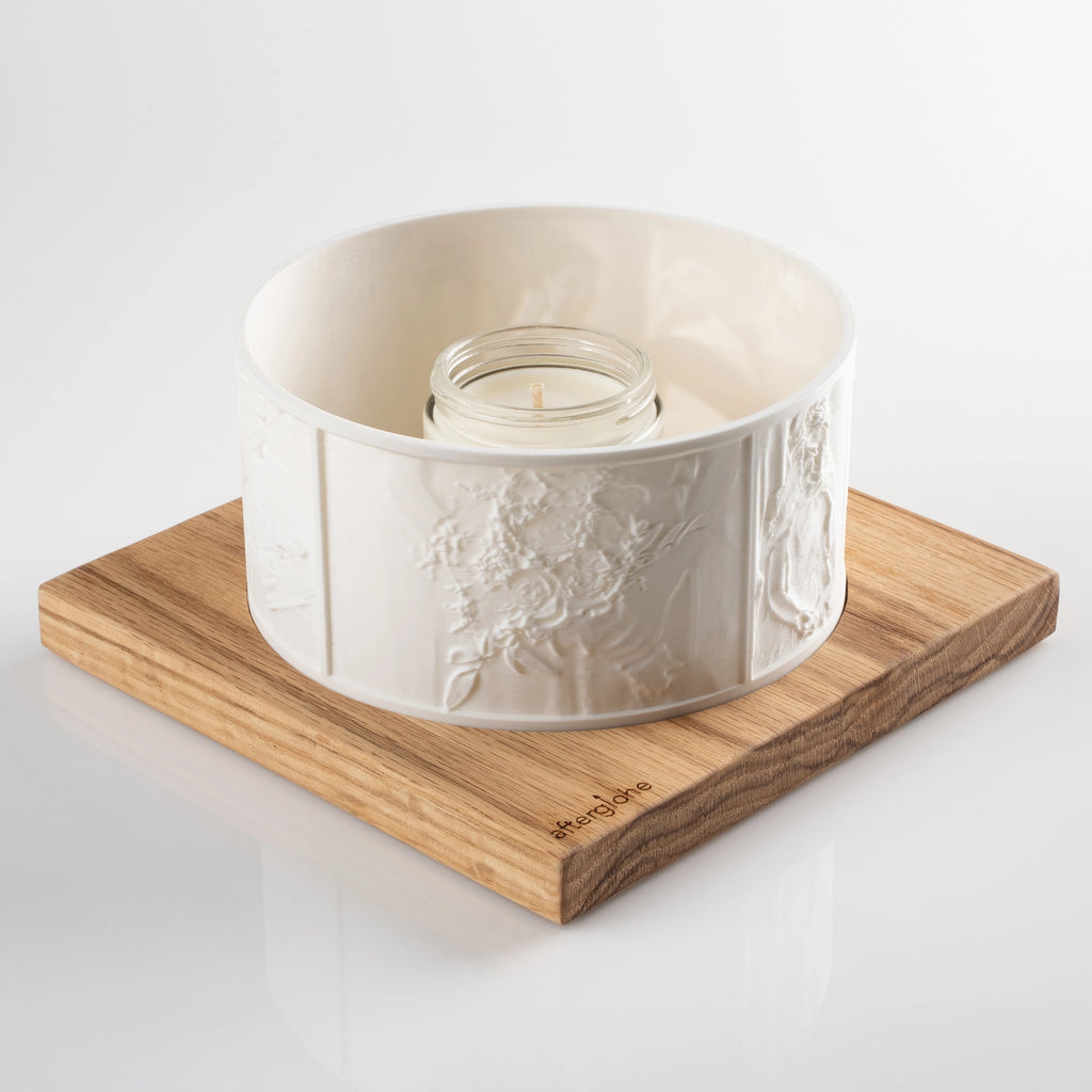 Halo personalized photo display with oak hardwood base and candlelight illumination