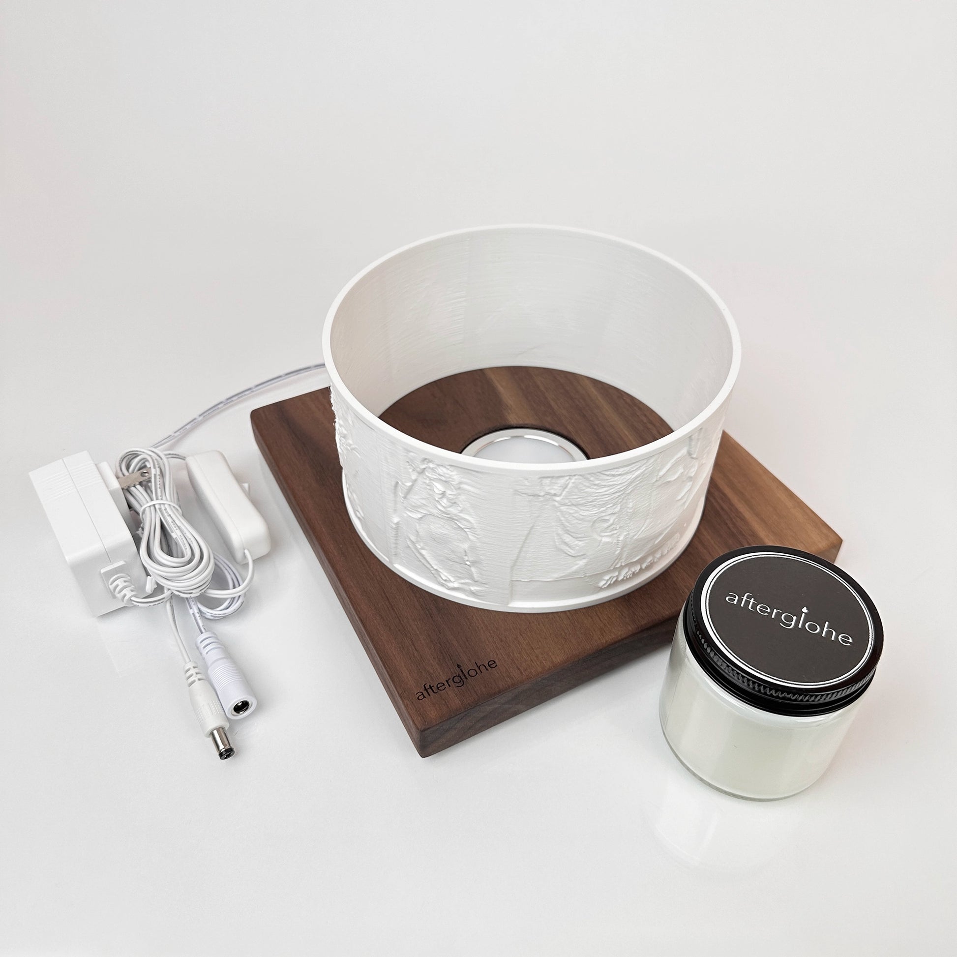 Halo personalized photo display on walnut base with optional warm LED and scented candle
