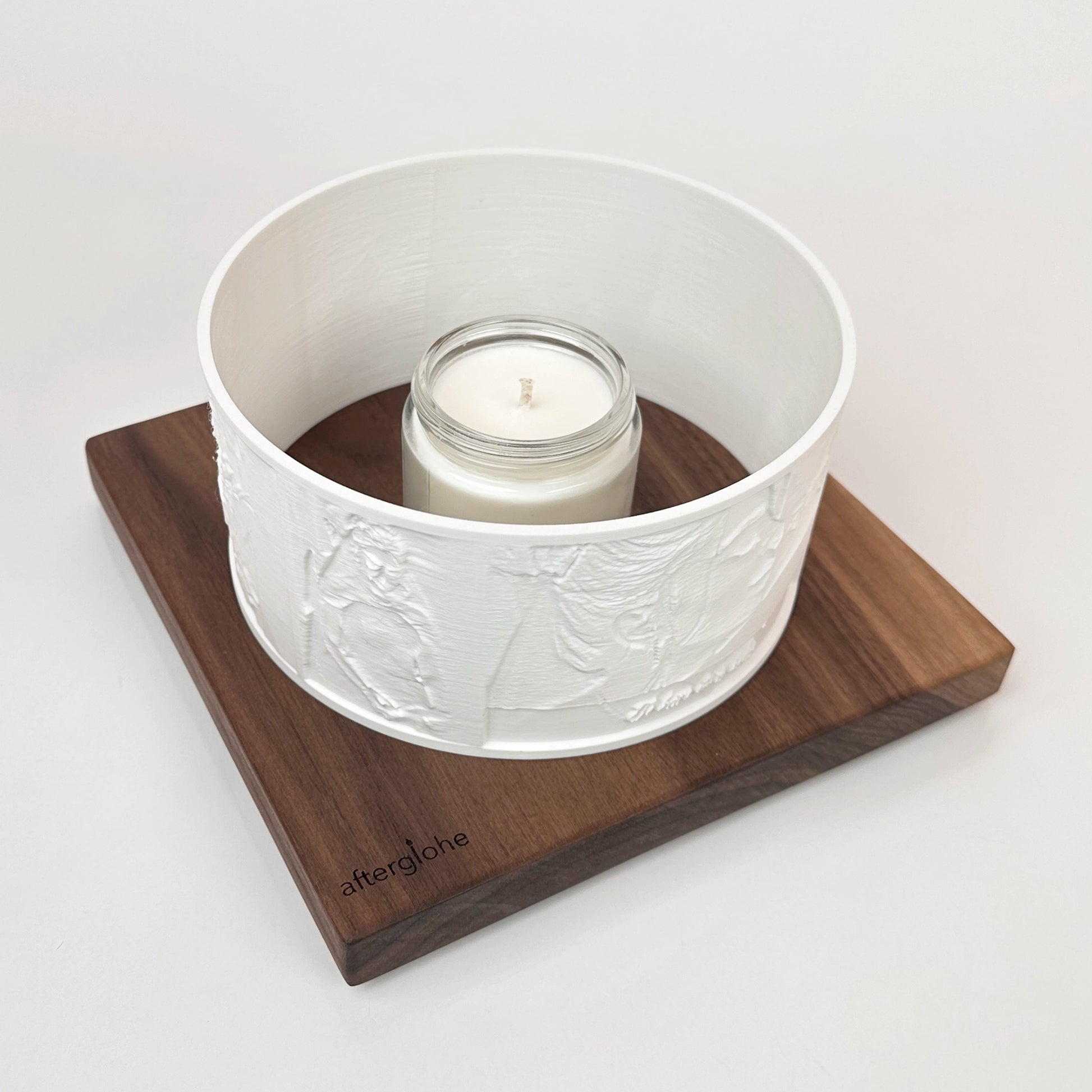 Halo personalized photo display on walnut base with scented candle