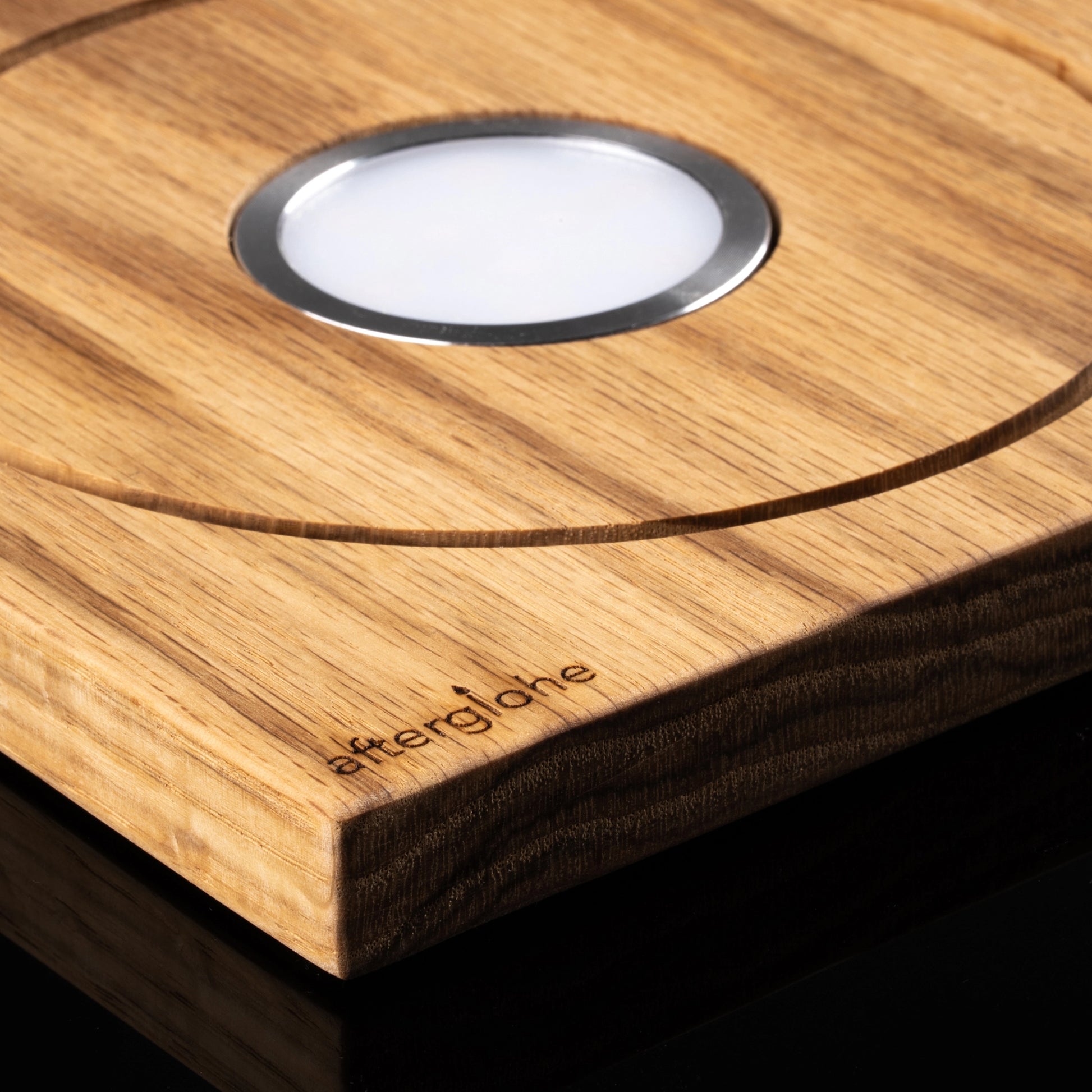 Halo oak wood base with close up of integrated Warm LED light