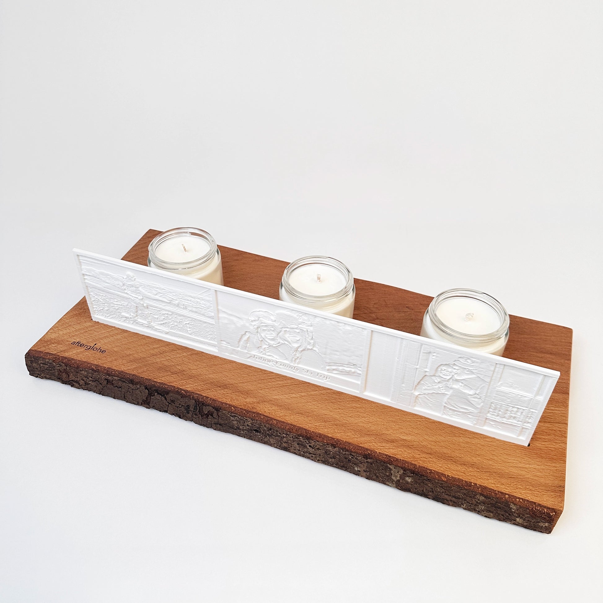 afterglohe StoryLine Photo Display lithophane product with Rustic Live Edge Base with candle illumination