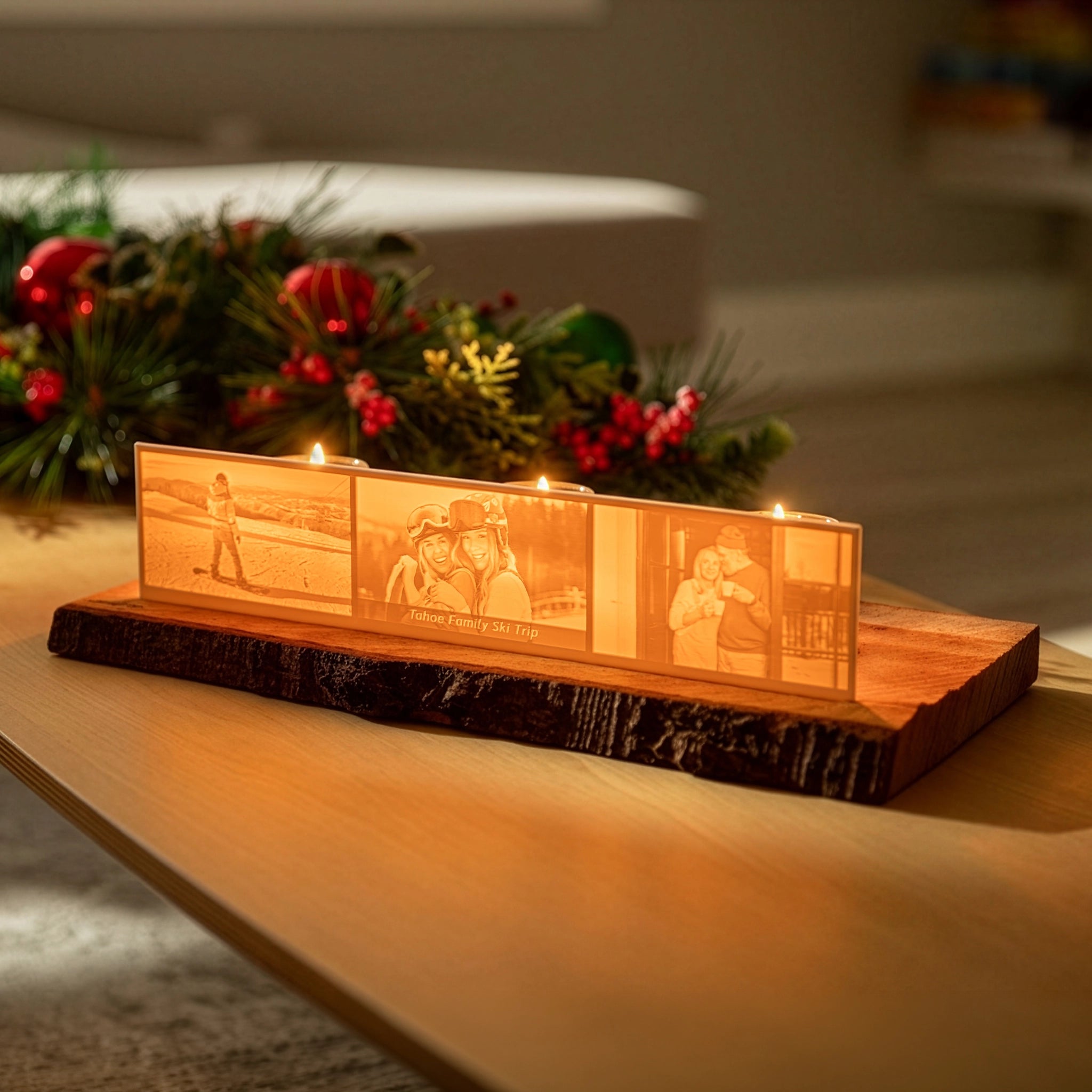StoryLine personalized lithophane photo display on a Live Edge Base on a coffee table featuring photos of a family ski trip