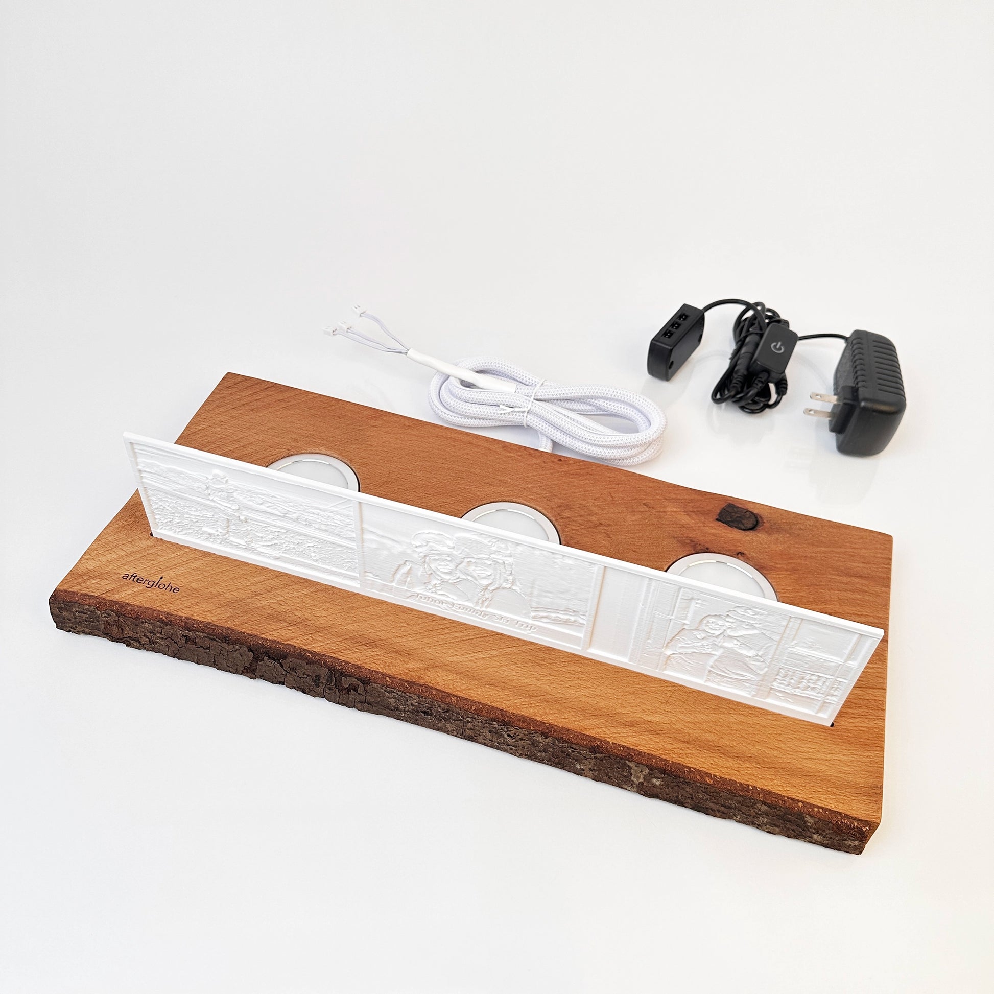 afterglohe StoryLine Photo Display lithophane product with Rustic Live Edge Base with LED  illumination