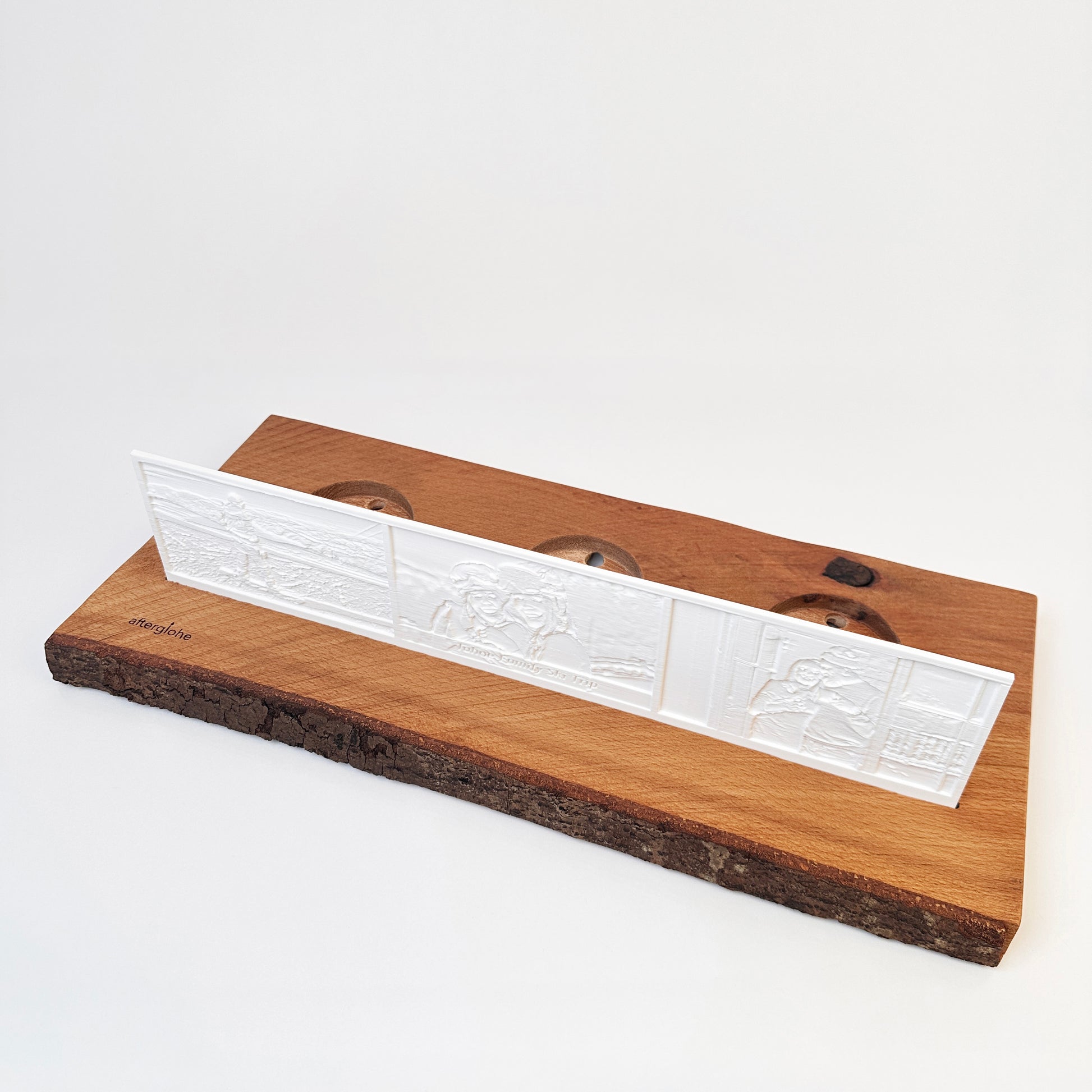 afterglohe StoryLine Photo Display lithophane product with Rustic Live Edge Base and no illumination