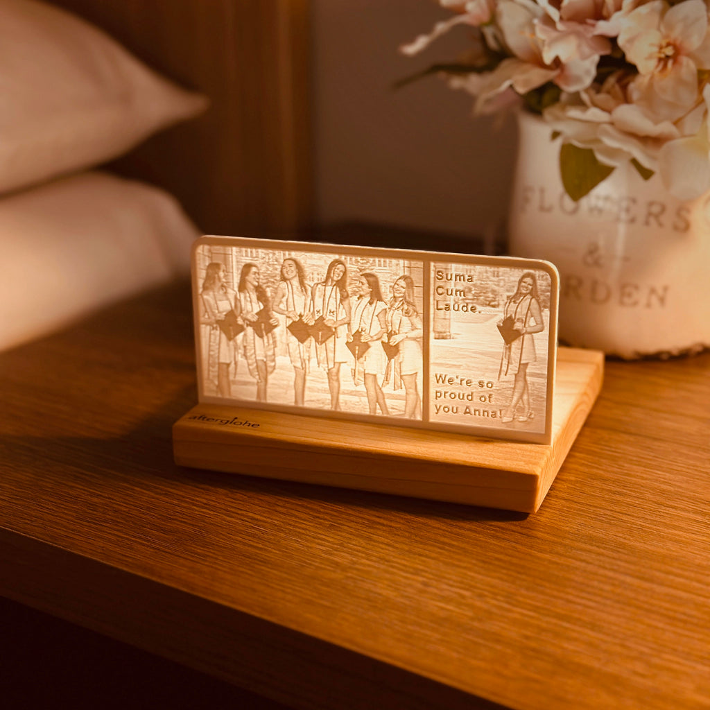 StoryLine-Mini lithophane Photo Display featuring a tribute to a girl who graduated college with honors.
