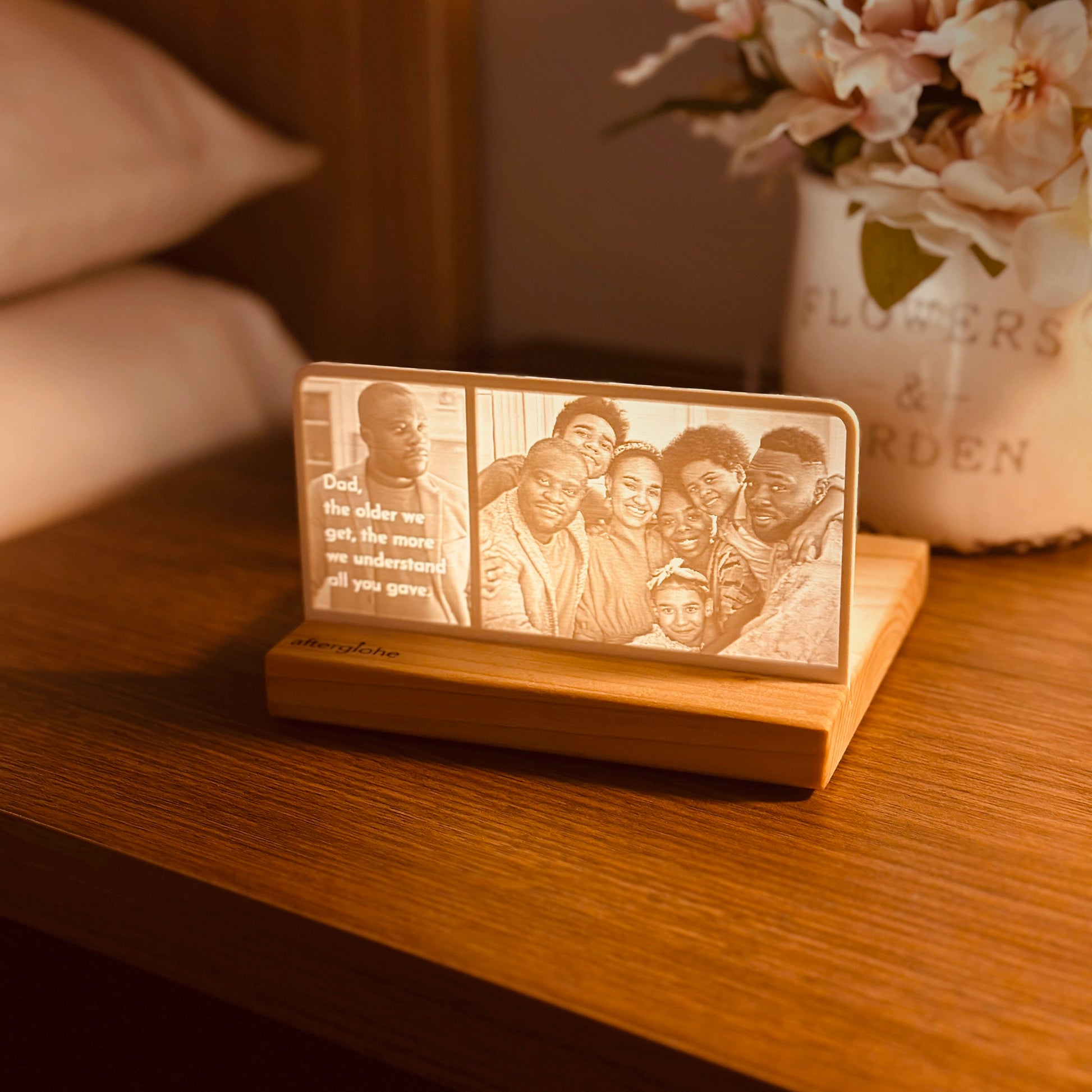 StoryLine-Mini lithophane Photo Display featuring a tribute to a father from his family.