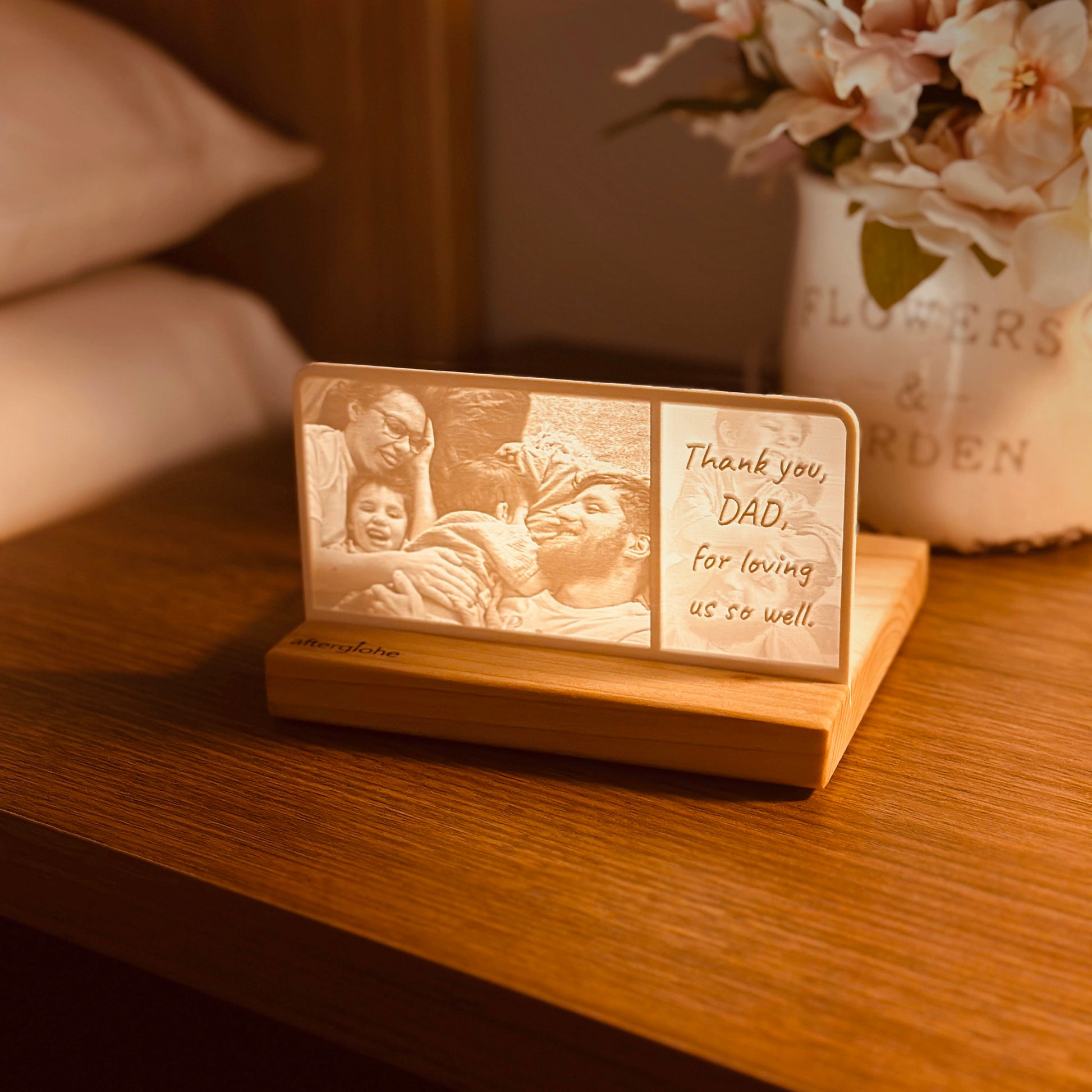 StoryLine-Mini lithophane Photo Display featuring a tribute to a father from his family.