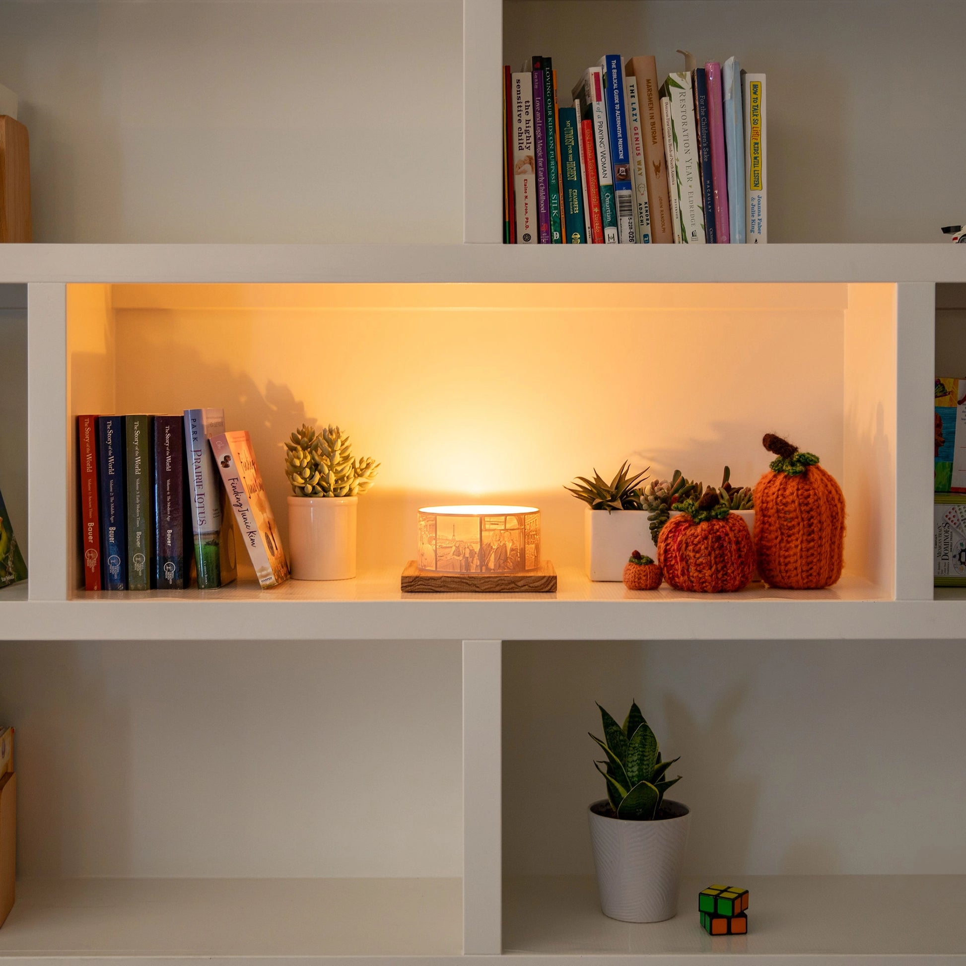 Halo Personalized Photo Display illuminated by a candle sitting on a contemporary bookshelf.