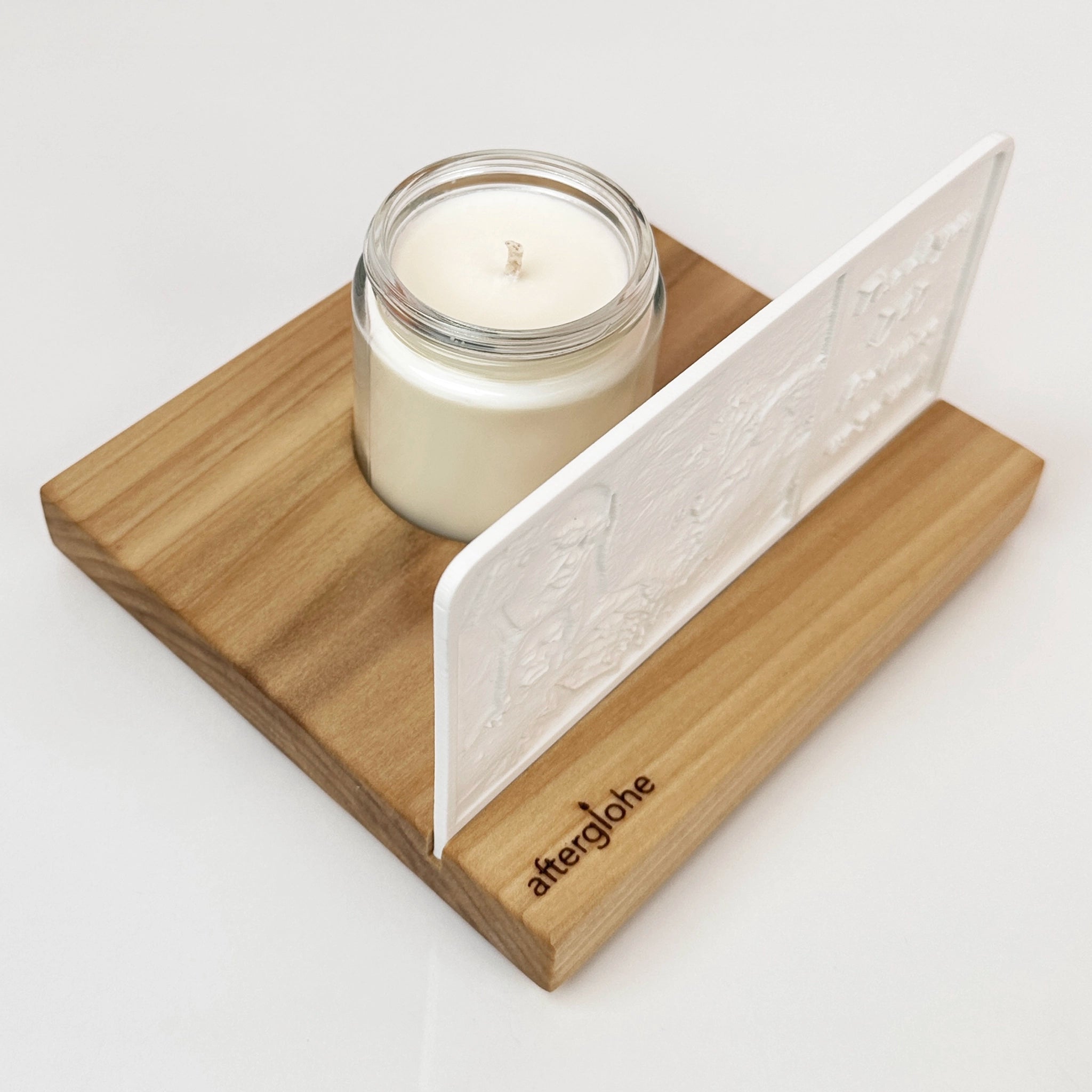 StoryLine-Mini personalized lithophane photo display with hardwood base and scented candle