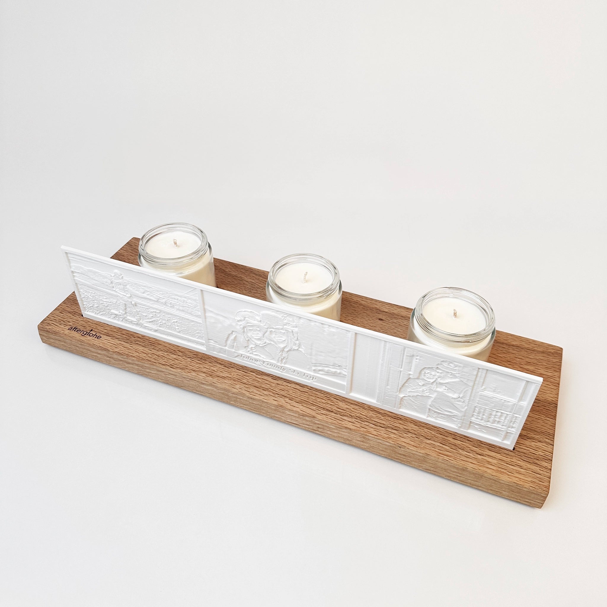afterglohe StoryLine Photo Display lithophane product with Modern Hardwood Base with candle illumination