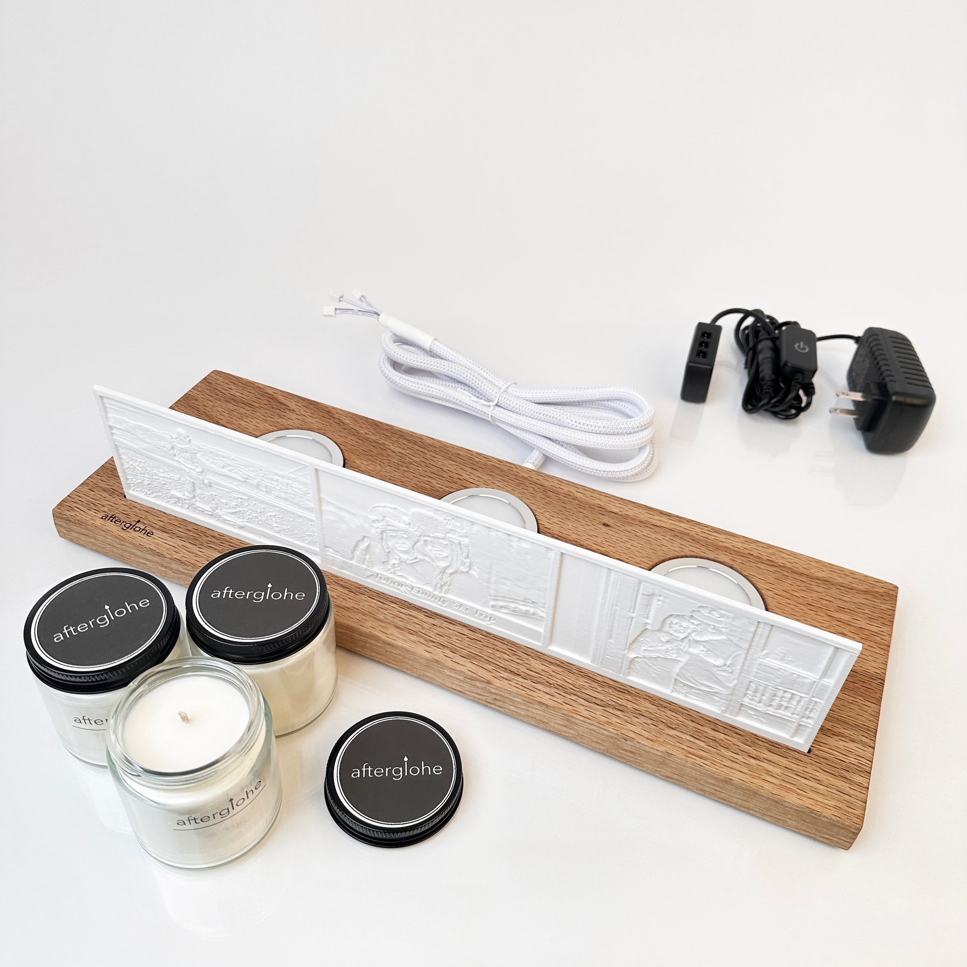 afterglohe StoryLine Photo Display lithophane product with Modern Hardwood Base with LED and scented candle illumination